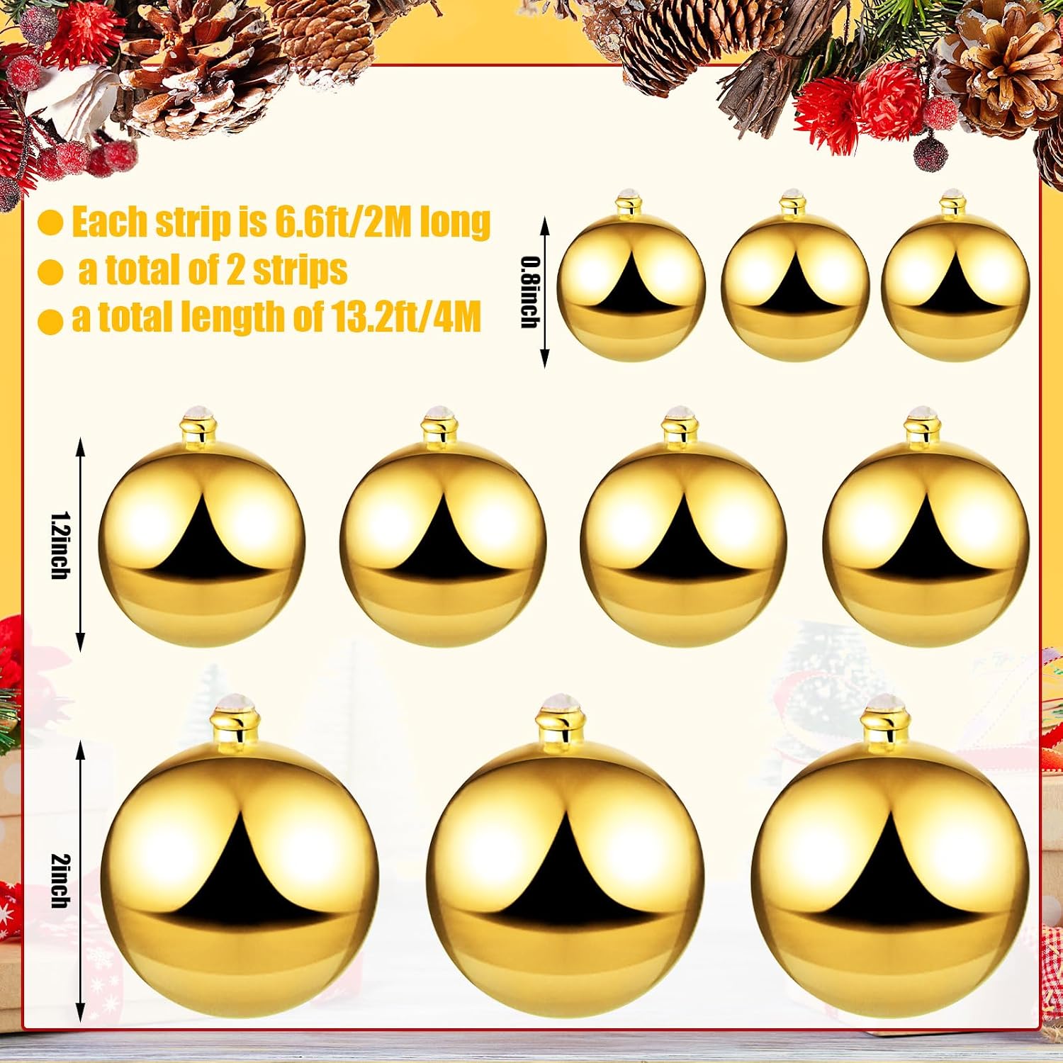 2 Pcs 6 ft Christmas Ball Ornament Garland, Gold | Bauble Bulb Christmas Tree Ball Decoration Shatterproof Ornaments