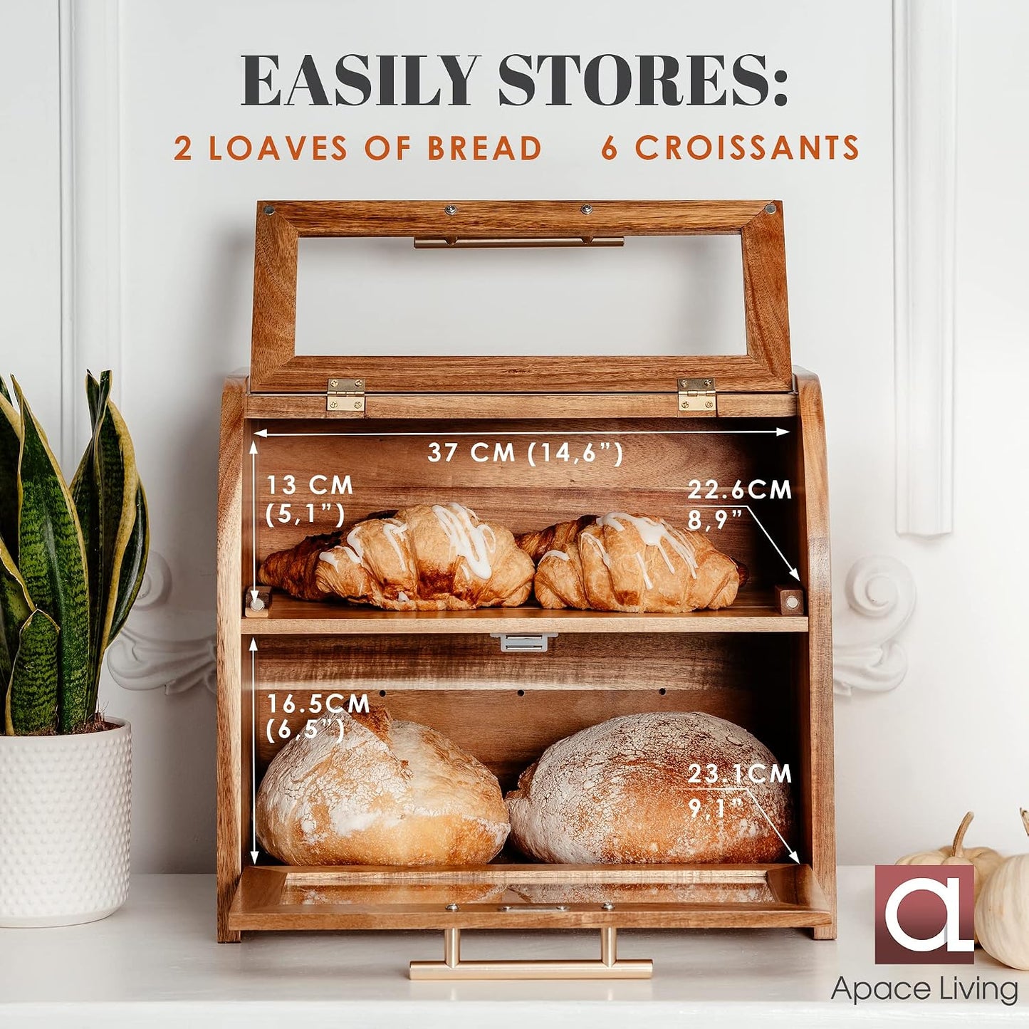 Arise Acacia Wooden Bread Box for Kitchen Countertop, Extra Large 2-Shelf | Bread Storage Container with Clear Windows