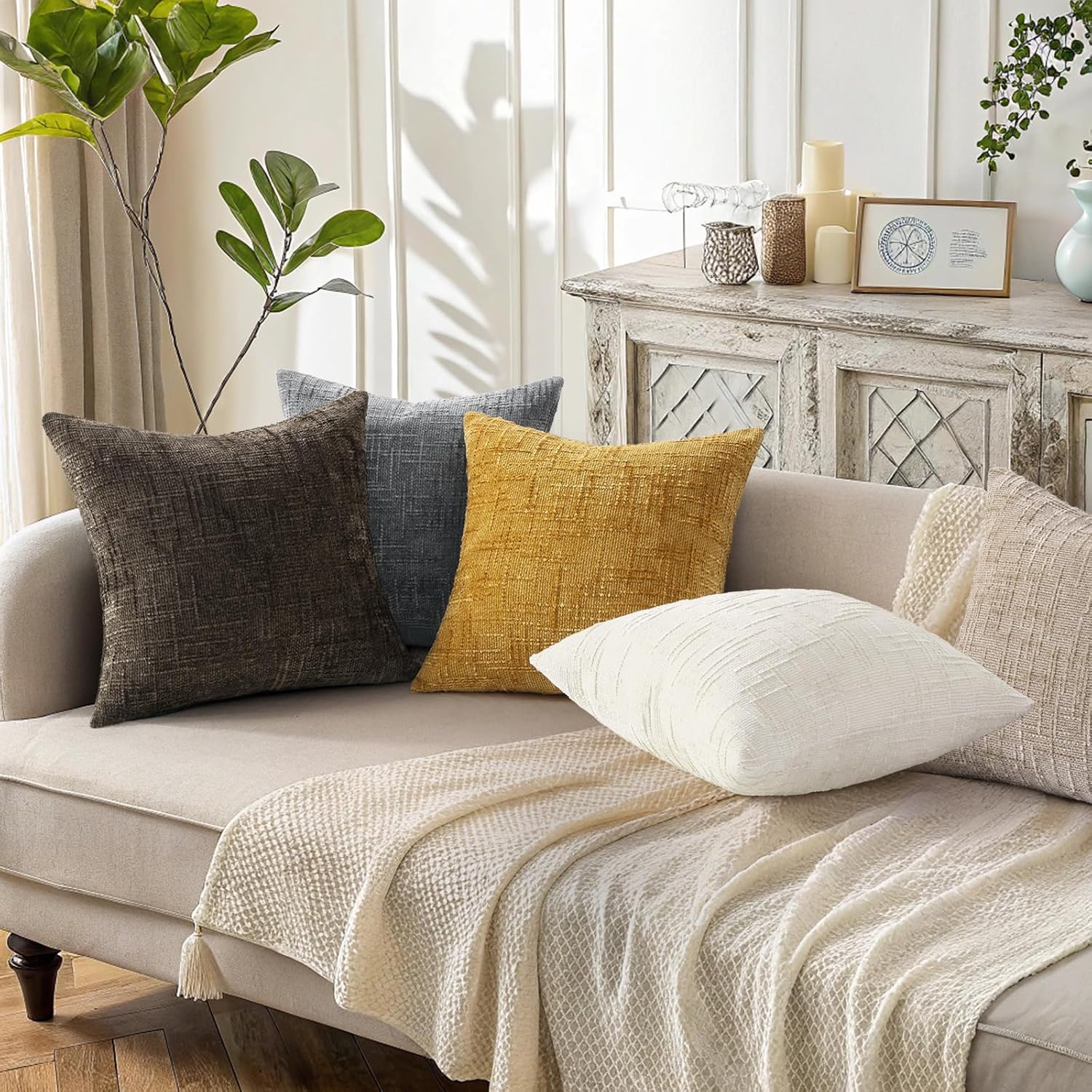 Fall Chenille Throw Pillow Covers Textured Soft Slubby Couch / Mustard Yellow / 18 x 18 / Set of 2