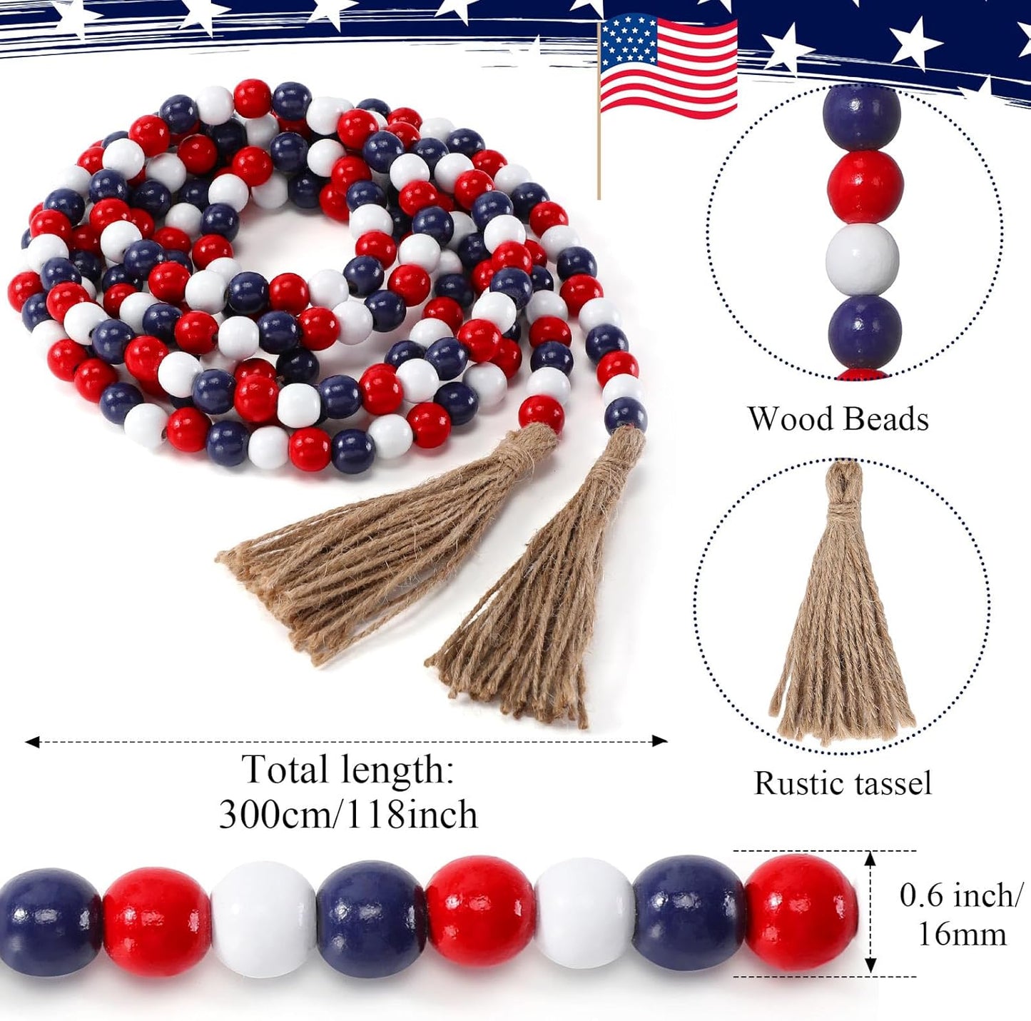 Wooden Bead Garland / Red, White, Blue