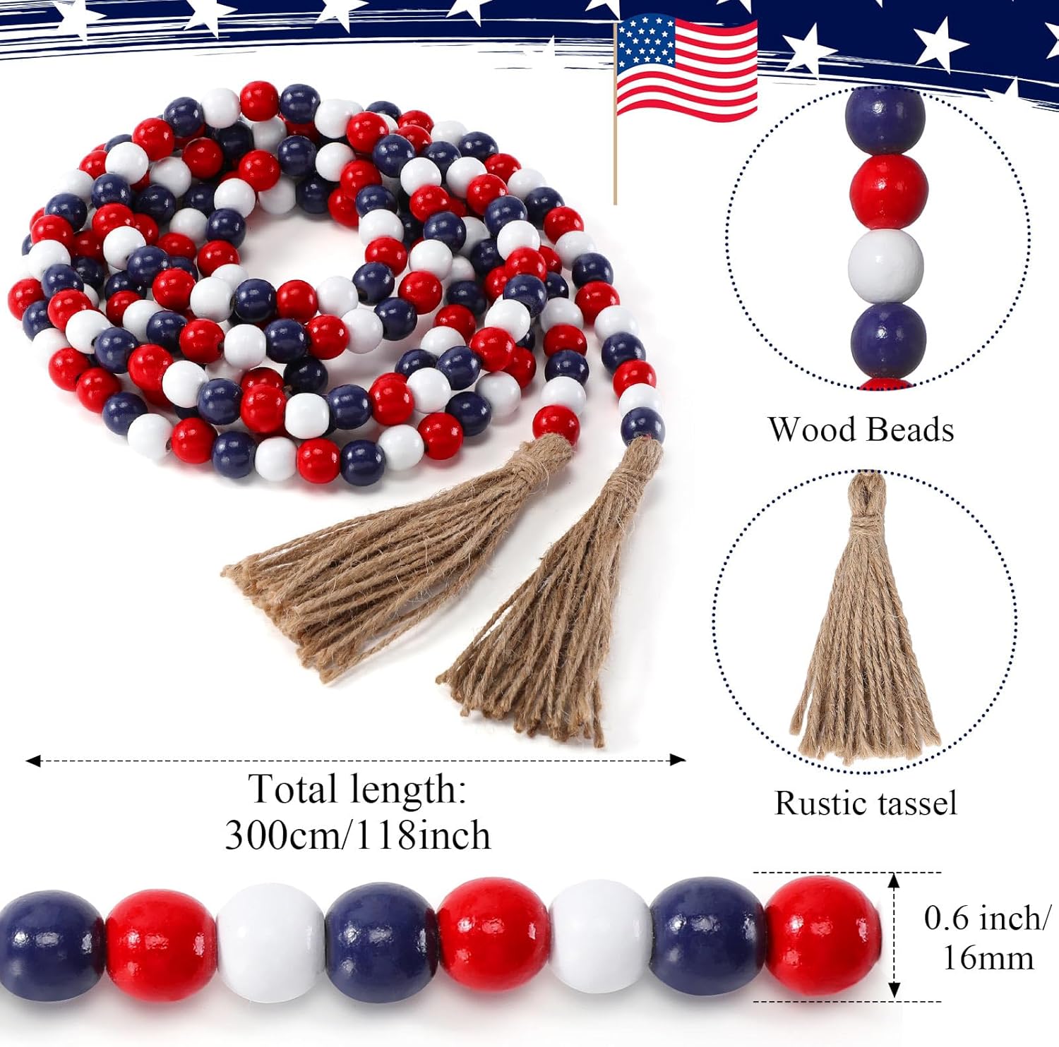 Wooden Bead Garland / Red, White, Blue
