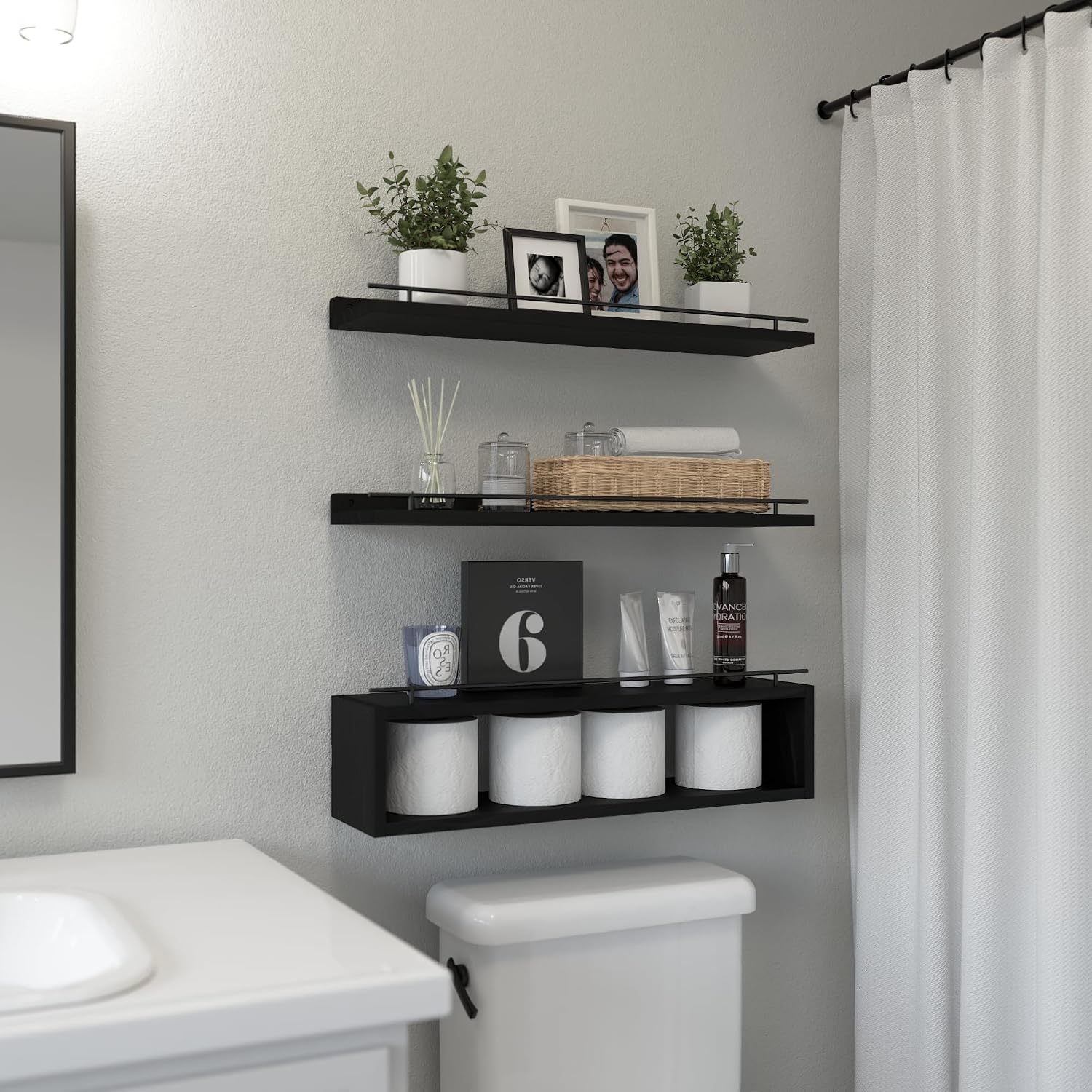 Floating Shelves for Wall 24 inch with Cube Shelf, Wall Shelves with Metal Rail for Decor, Bathroom Organizers and
