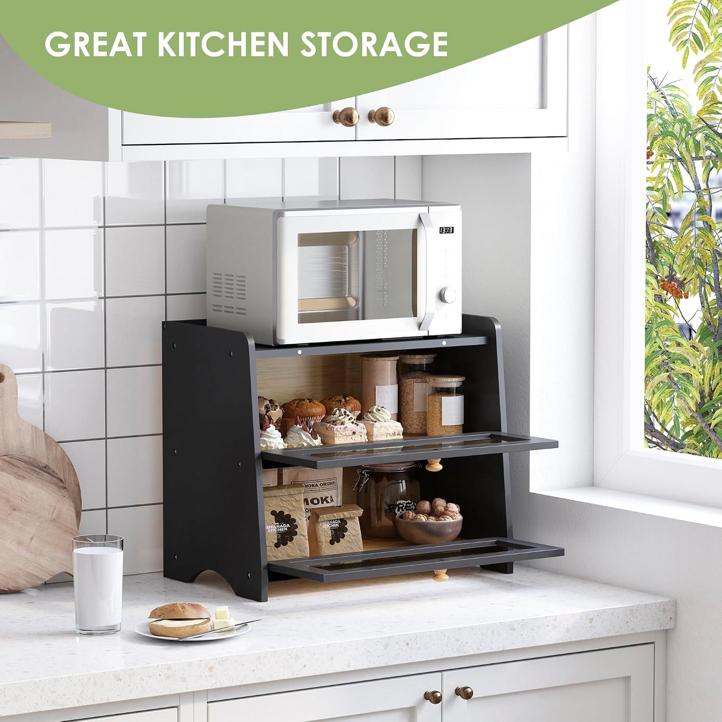 Double Layer Bread Box Container for Kitchen Countertop Homemade Bread | Large Breadbox Storage Wooden Farmhouse Bread