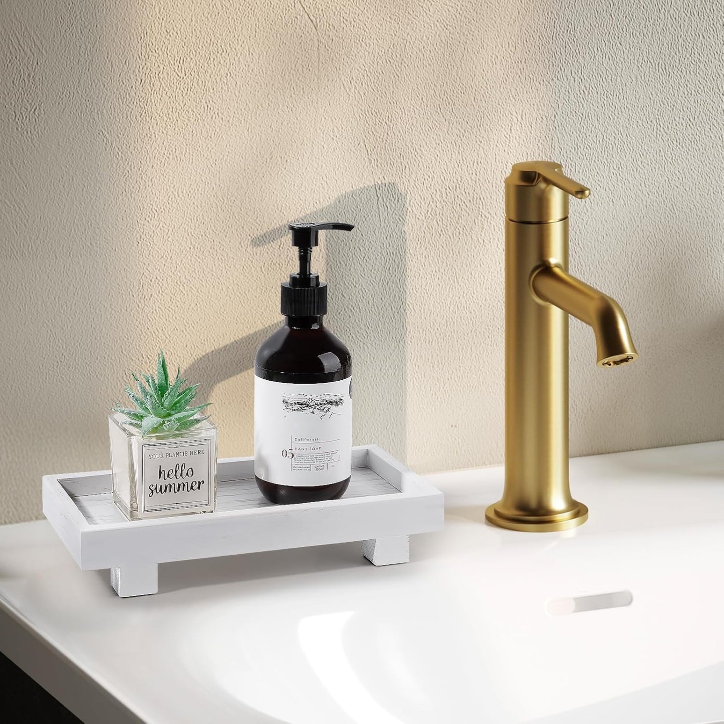 Decorative Tray Small Pedestal Stand Farmhouse Bathroom Decor Wooden Riser / White / 9.4 x 4.7 x 1.7