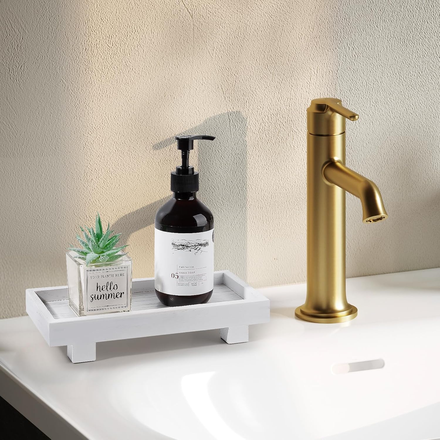 Decorative Tray Small Pedestal Stand Farmhouse Bathroom Decor Wooden Riser / White / 9.4 x 4.7 x 1.7