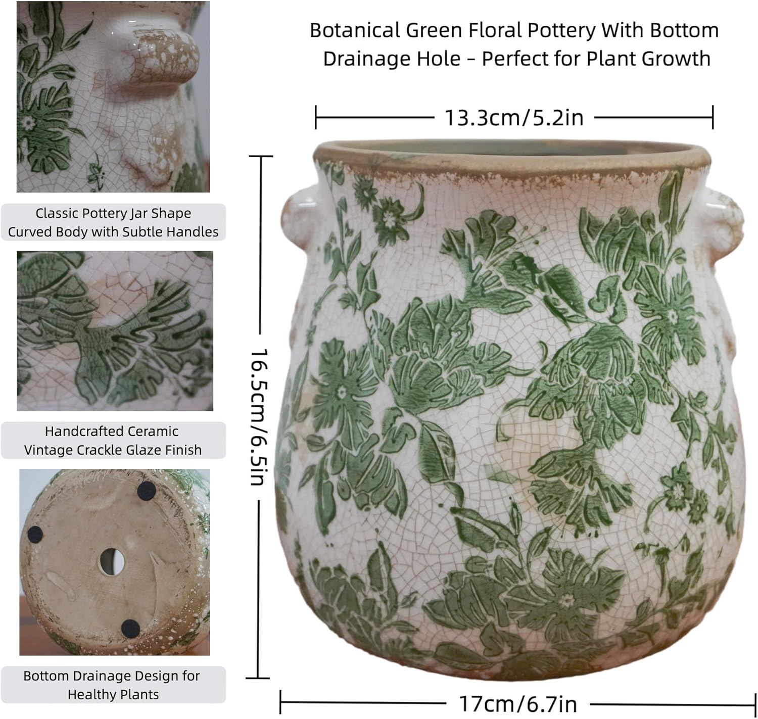 Vintage Ceramic Vase / Large - Belly Jar with Drainage Hole / Green