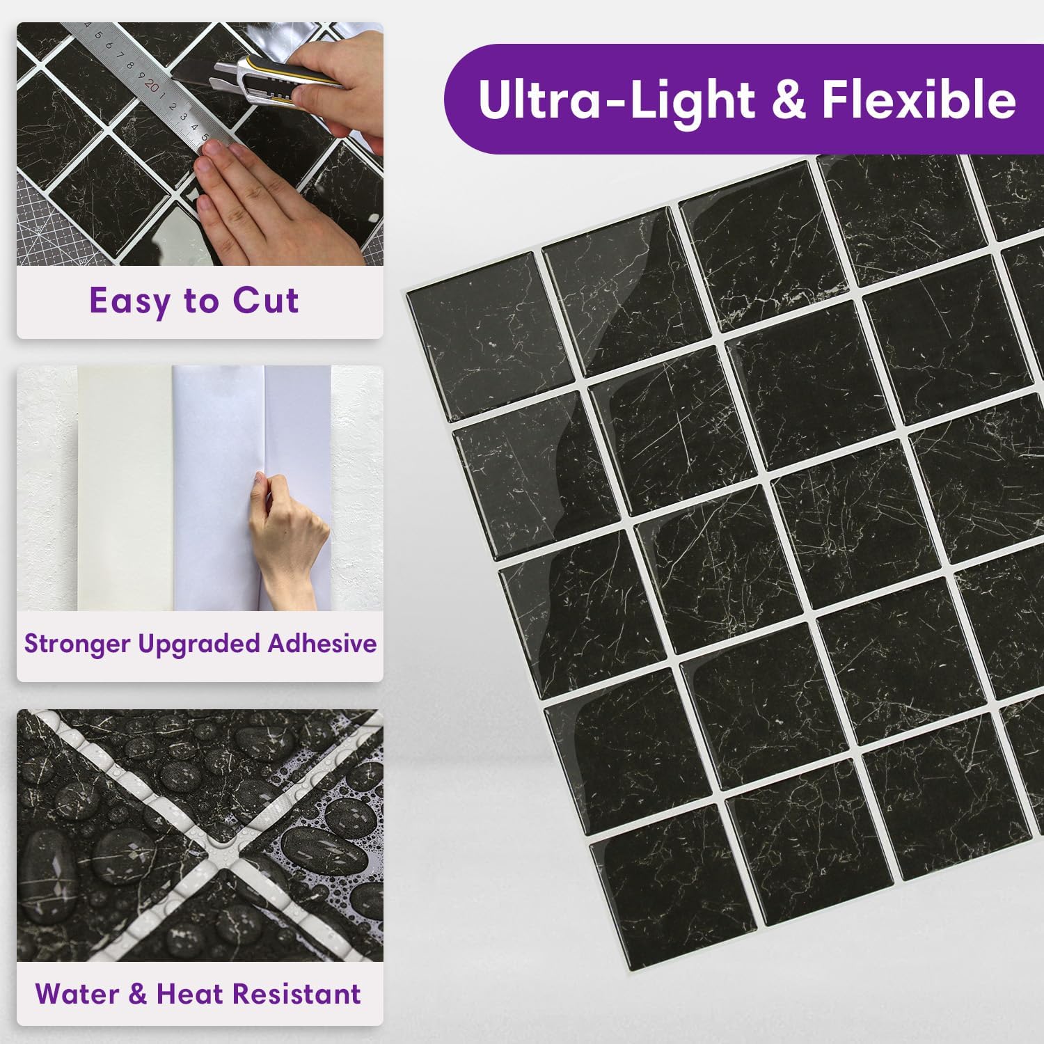Thicker Marble Peel and Stick Backsplash Tiles- of "-3D / ST-SM-B / Black / 12 x 12 / Set of 10