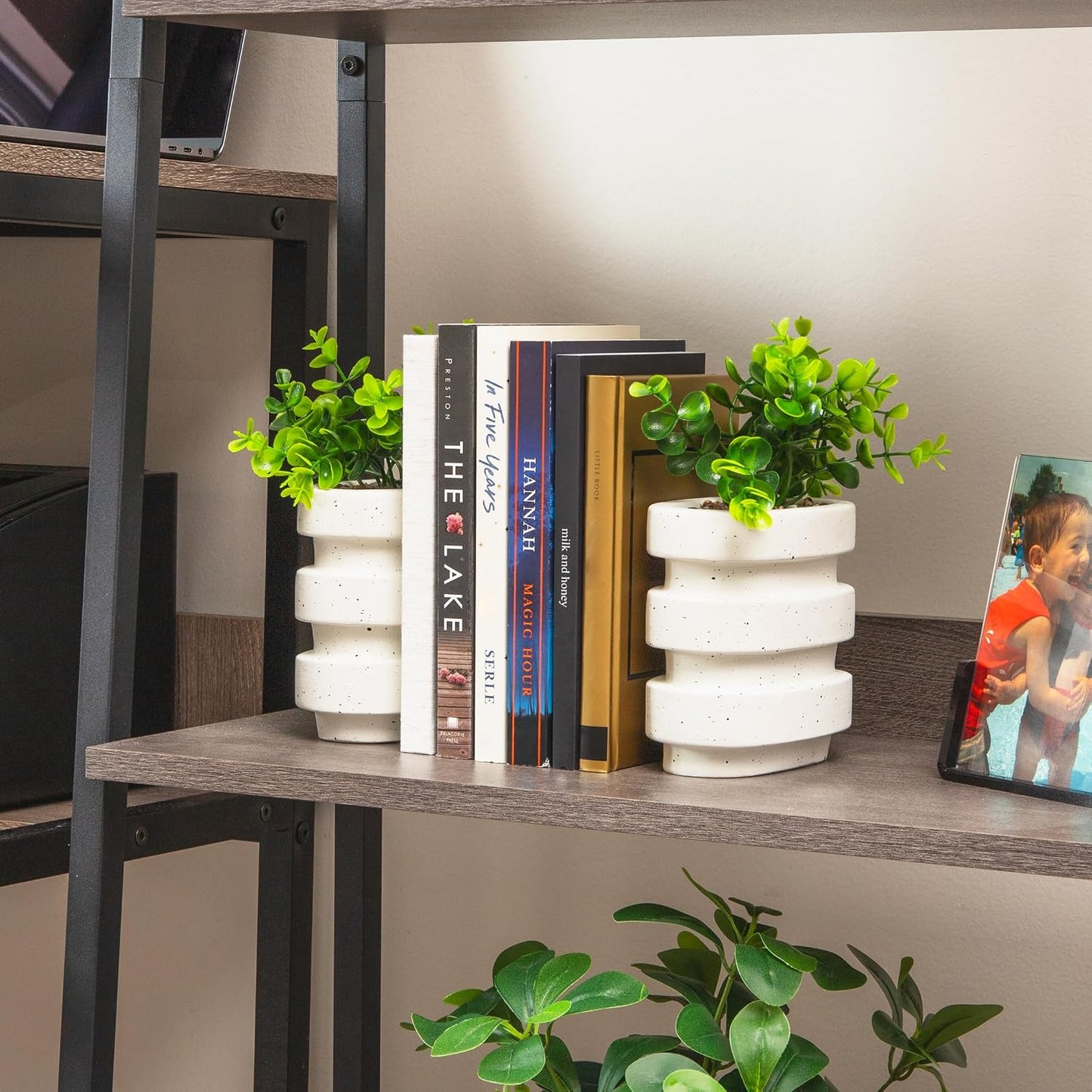 Ribbed Cement Planter Bookends / White Ribbed Cement Bookends / Set of 2