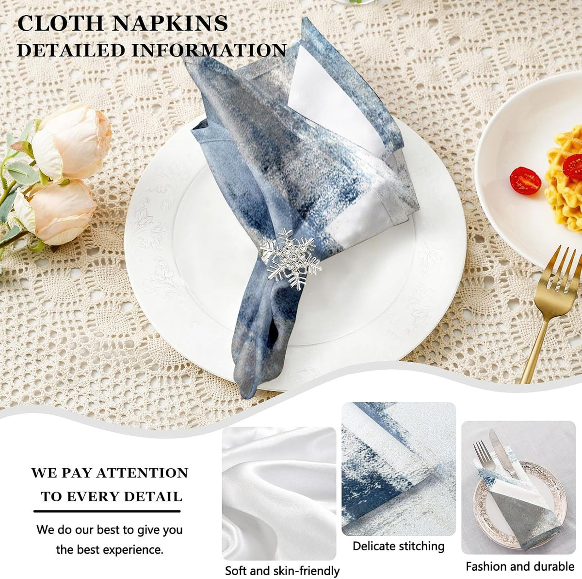 MCALK 4 Each Blue Placemats and Cloth Napkins Set of 8, Modern Abstract Art Painted Placemat for Home Kitchen Decor