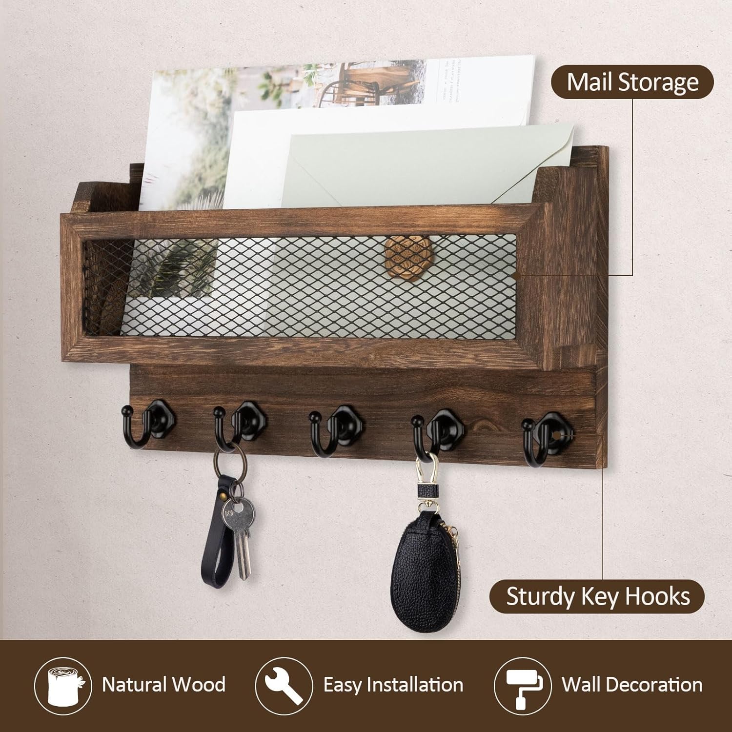 Wooden Wall Key Organizer / Brown / 11 Inch