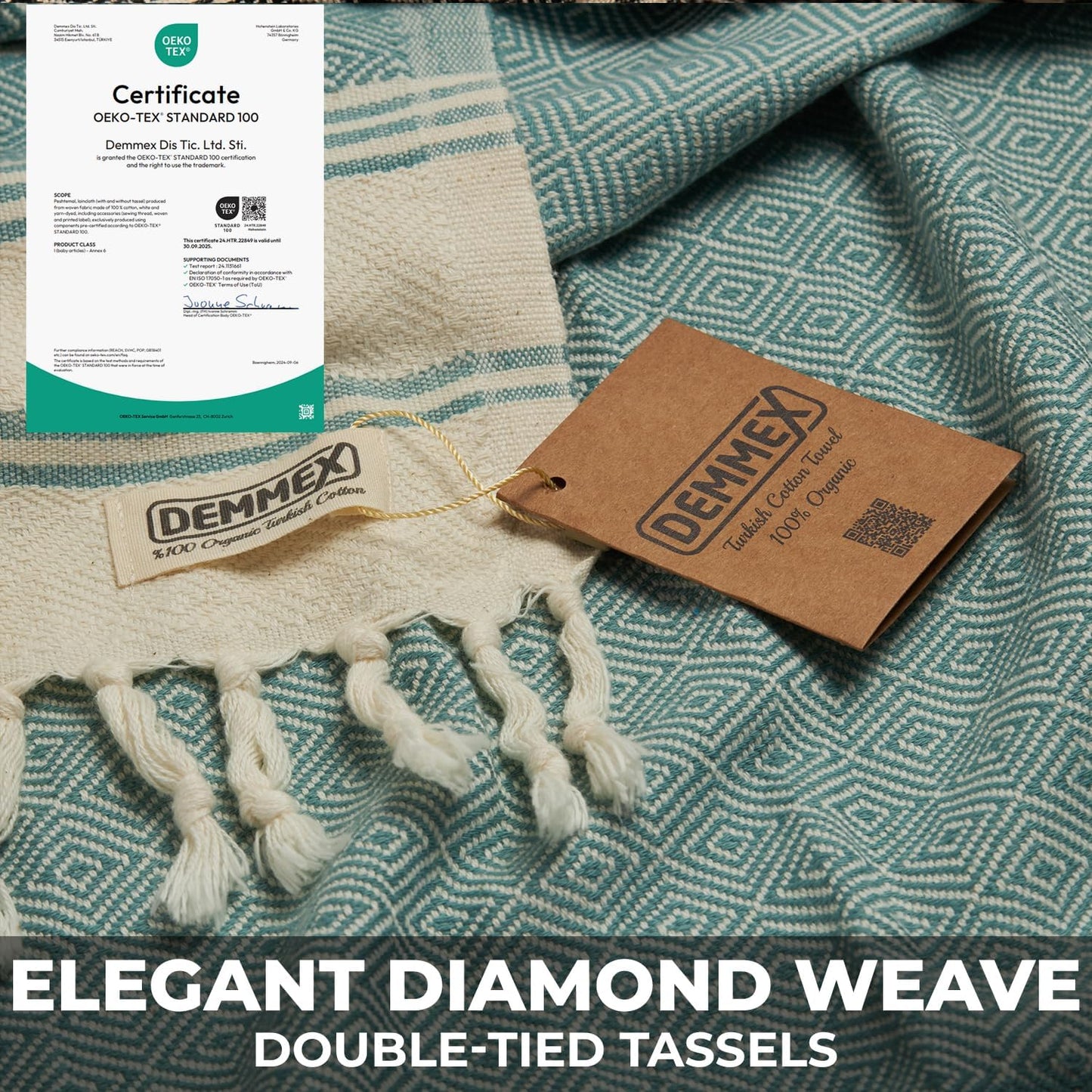 DEMMEX Organic Diamond Turkish Bath & Beach Towel | 100% Oeko-TEX Certified Turkish Cotton, Ultra-Soft, Quick-Dry