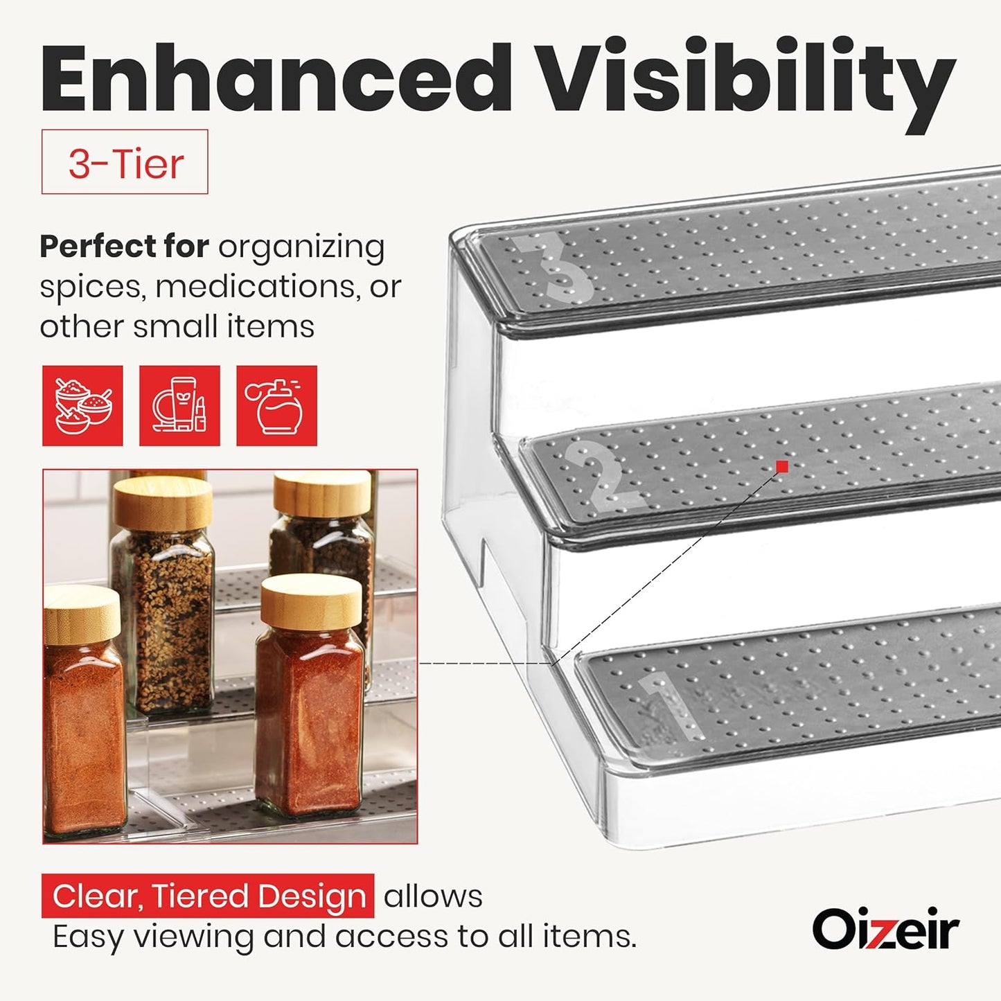 Oizeir 3-Tier Expandable Spice Rack Organizer for Cabinet, Clear | Expandable Plastic Spice Rack Organizer, Adjustable