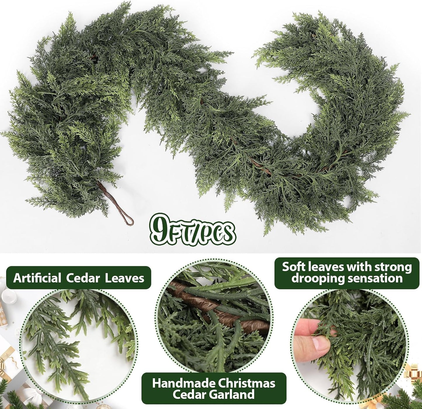 1 Pcs 9 ft Artificial Christmas Cedar Garland | Thick & Lush, Simulation Faux Cedar, Green Fake Pine Needles Garland