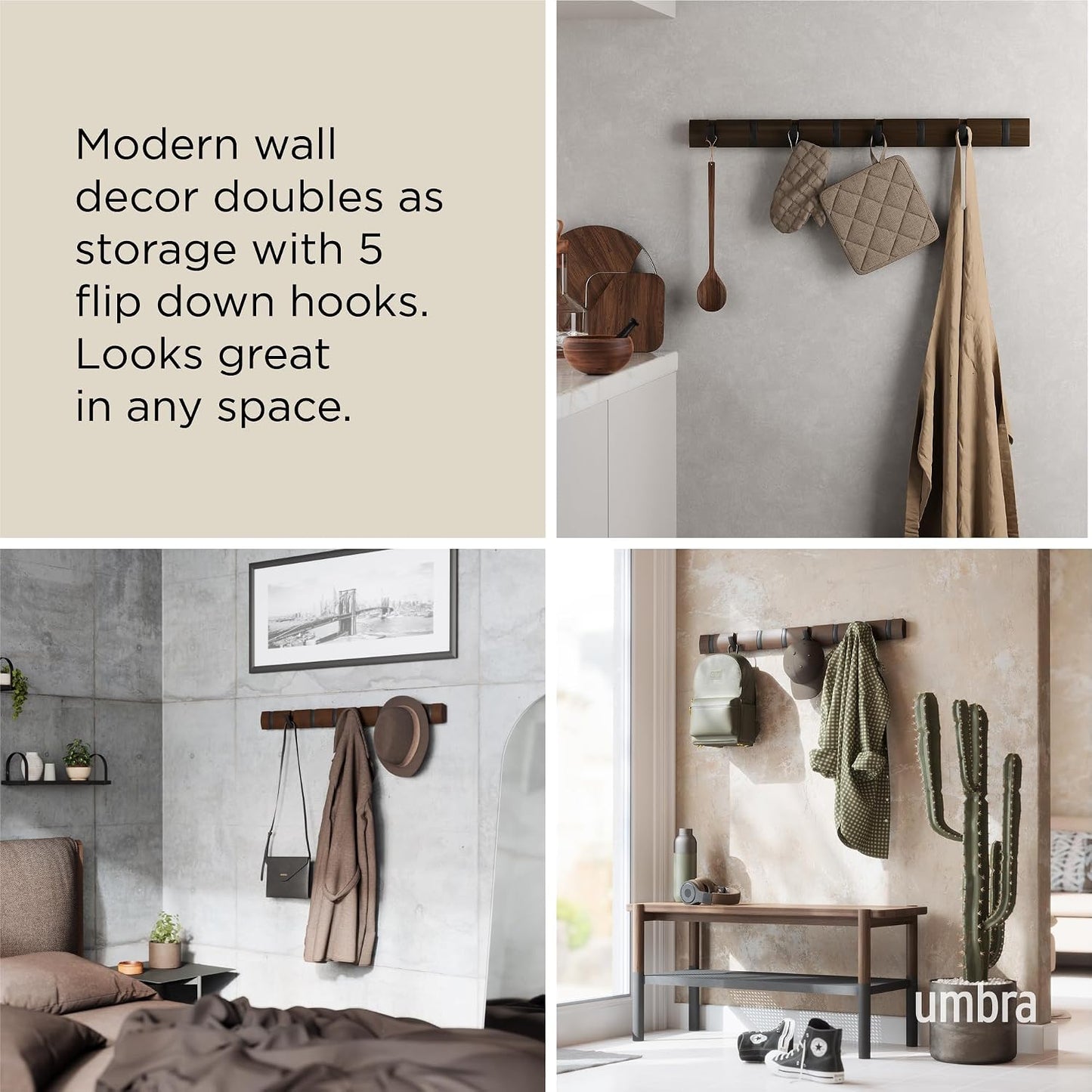 Umbra Flip Coat Rack, Wall Mount 8-Hook, Space Saving, Walnut/Black | Real wood and steel build, retractable hooks fold