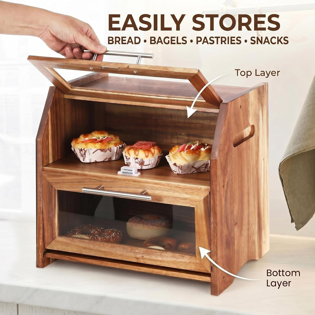 Garvee Acacia Wood Double Layer Bread Box, Clear Acrylic Door | Ventilation Design, Compact Countertop Organizer