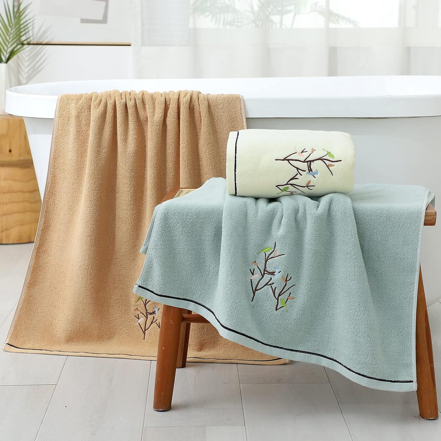 Bath Towel Embroidered Bird Tree Pattern 100% Cotton Soft Absorbent Decorative Towels for Bathroom 27.6 x 55 Inch