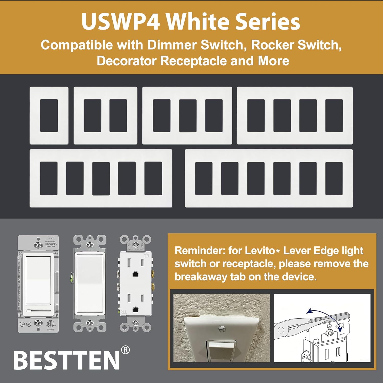 20 Pack BESTTEN Screwless Wall Plate, 1 Gang Decorator Light Switch Plate, Decor Outlet Cover, H4.69” x W2.91”, USWP4