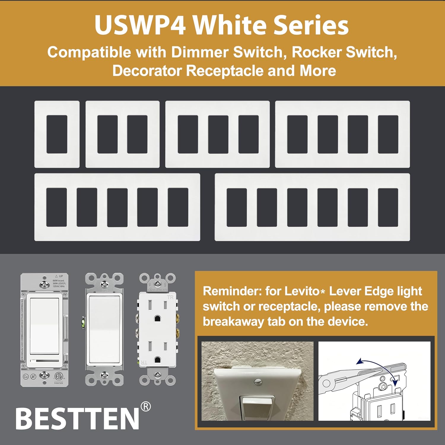 100 Pack BESTTEN 1-Gang Screwless Wall Plate, Decorator Outlet Cover, USWP4 Glossy White, Faceplate for Light Switch