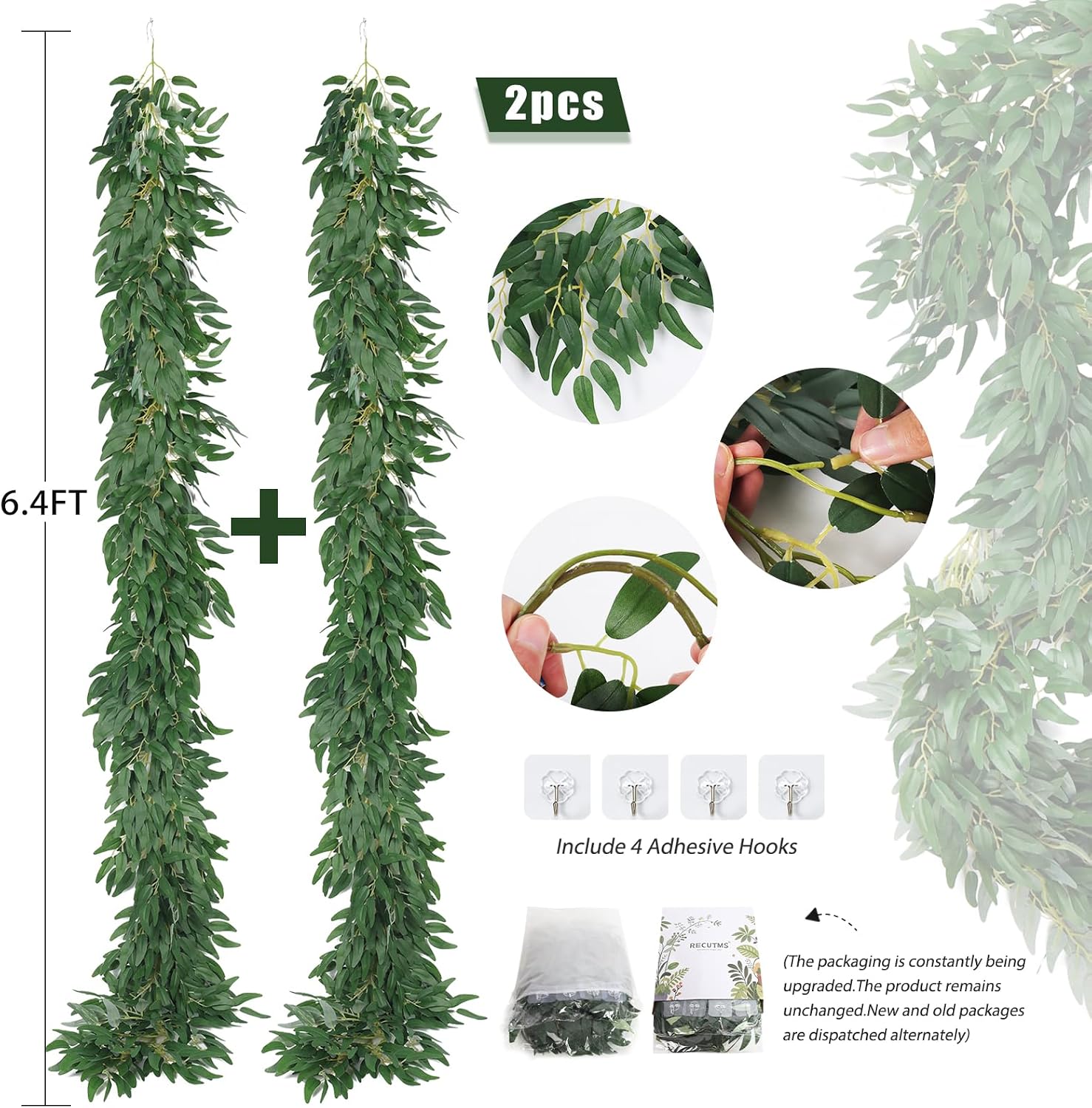 Artificial Willow Leaves Vine Twigs Fake Hanging Plant / Dark Green Willow Vine / 6 Inch / Set of 2