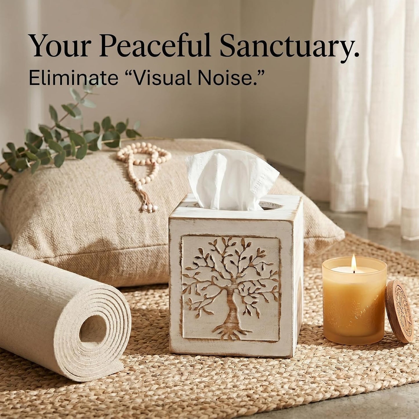 Wooden Tissue Box Cover / Square / White Tree of Life