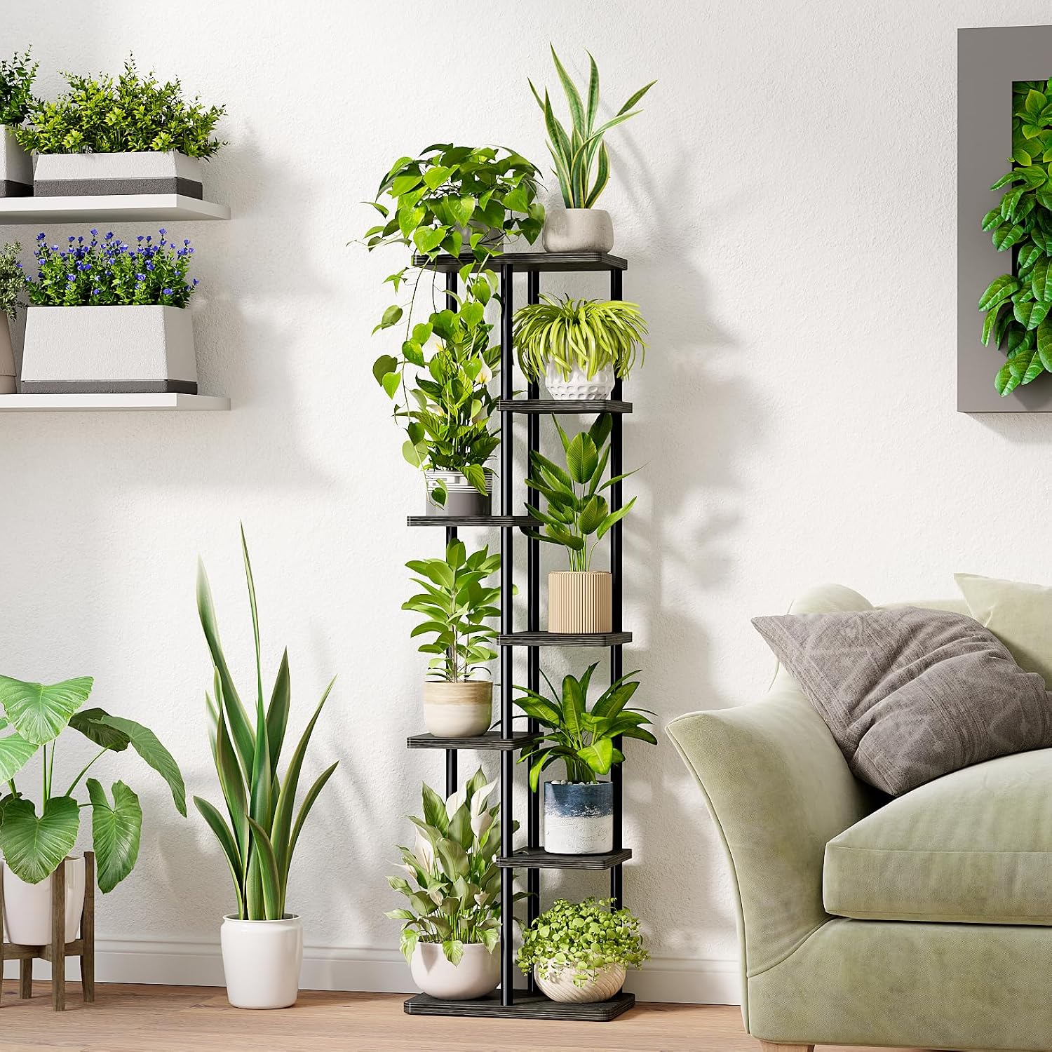 Bamworld Plant Stand 7 Tier Tall Corner Metal Shelf Black | Tiered shelf holds multiple plants while using vertical