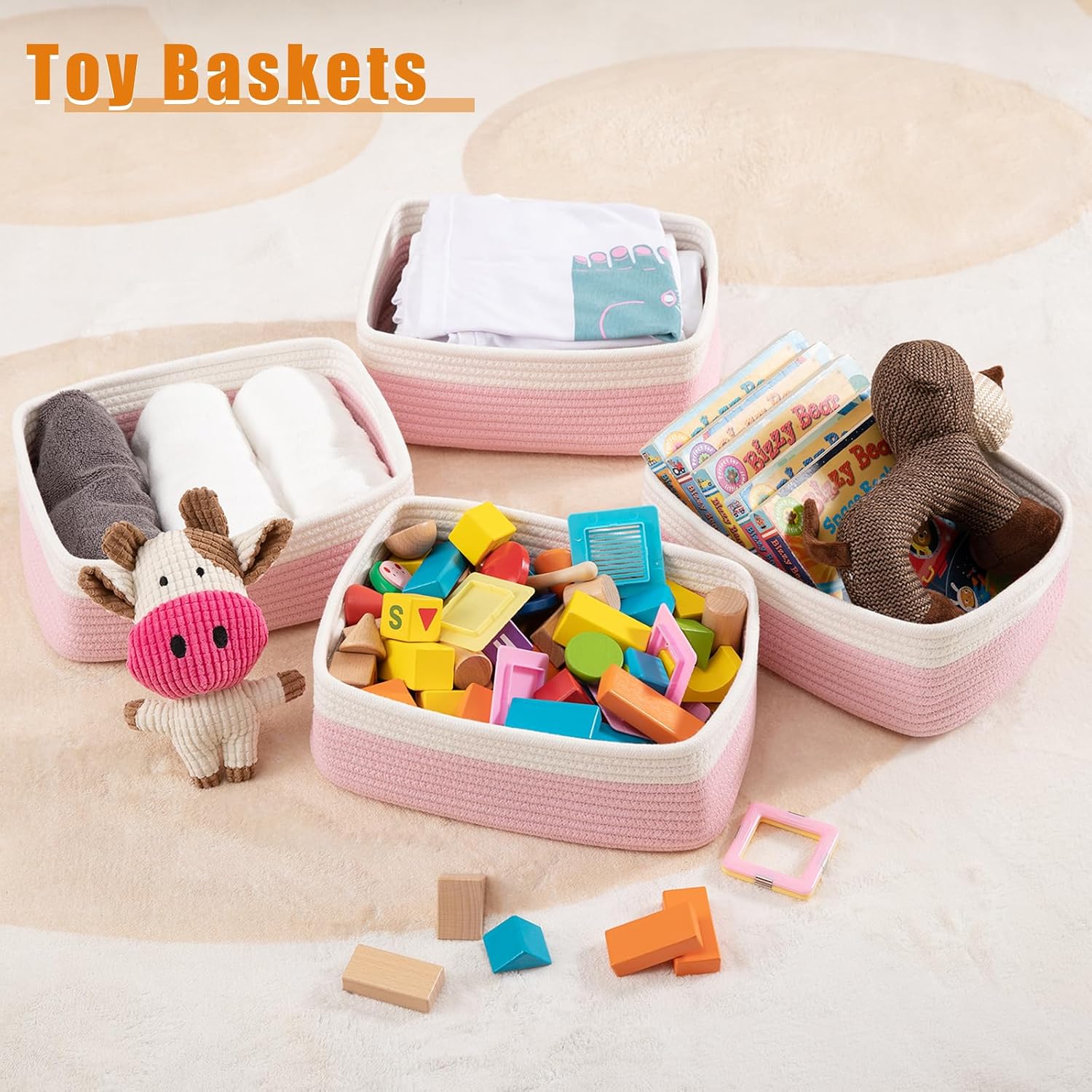 Small Bins / Organizer Baskets / Pink/white / 11.8"*7.8"*4.7 / Set of 4