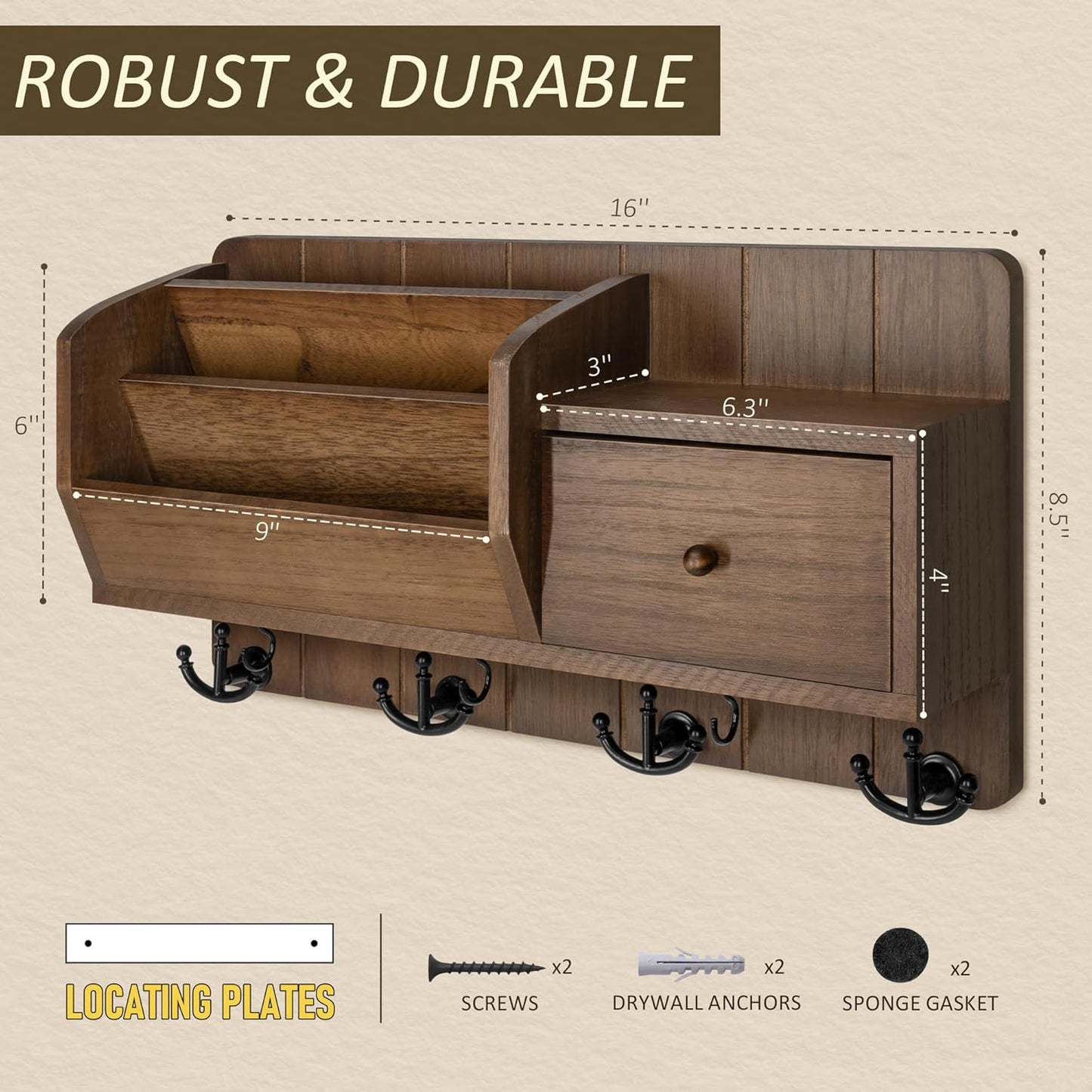 Storage Hooks and Drawer for Modern / Brown