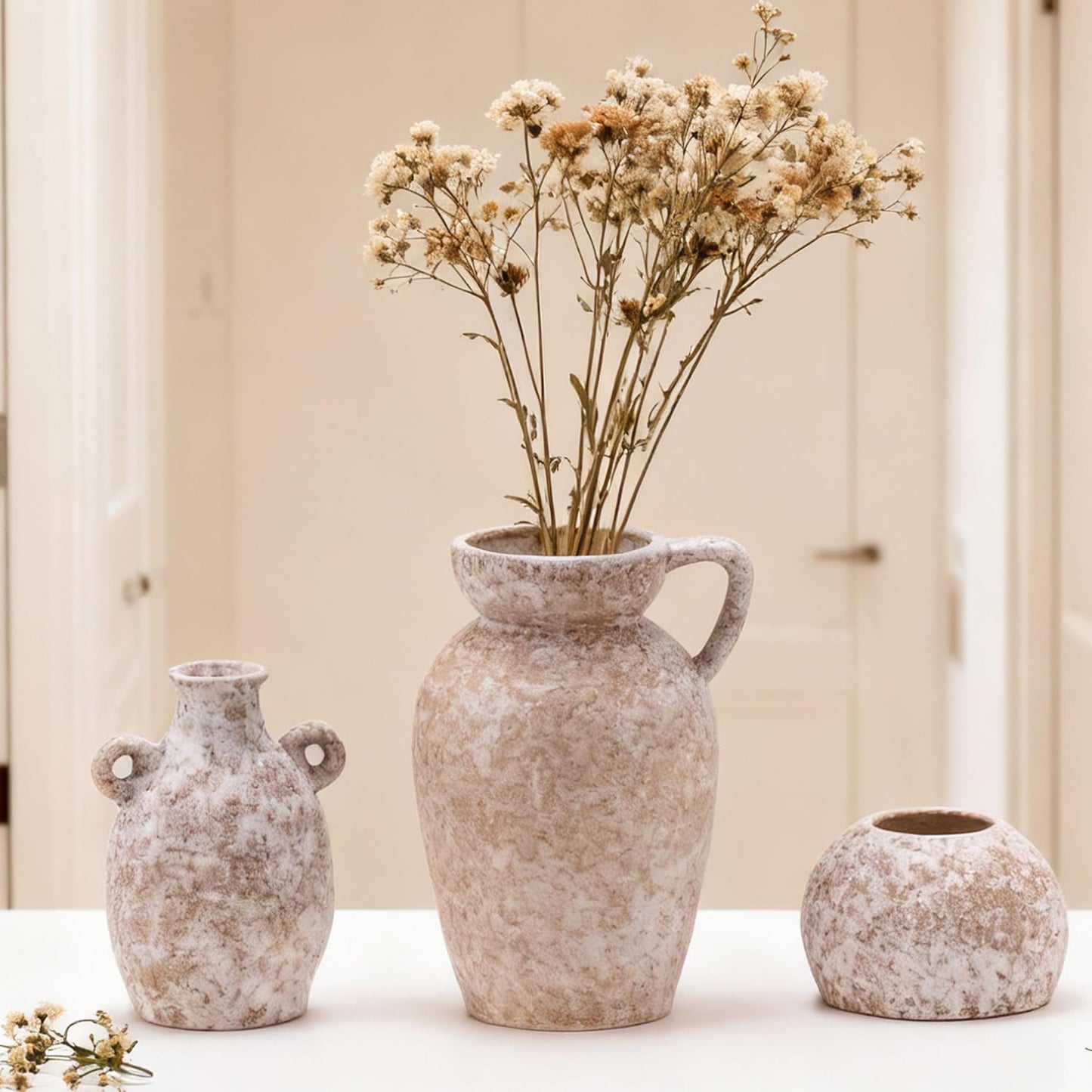 Ceramic Stone Modern Rustic Farmhouse Vase Centerpiece / 16 Khaki / Beige / Set of 3