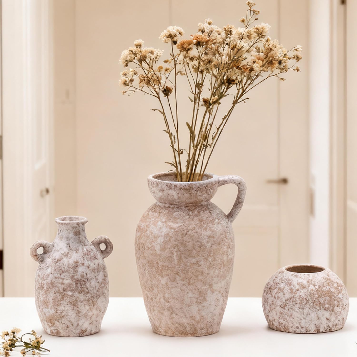 Ceramic Stone Modern Rustic Farmhouse Vase Centerpiece / 16 Khaki / Beige / Set of 3