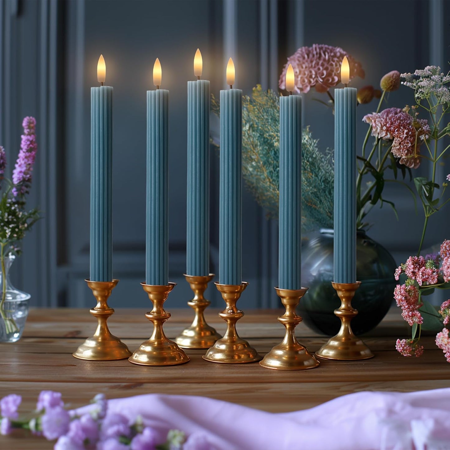 10" Fluted Ribbed LED Blue Grooved Pillar Candles with 2 Remotes & 24h Timer Memory, On/Off Switch - Flameless Dimmable
