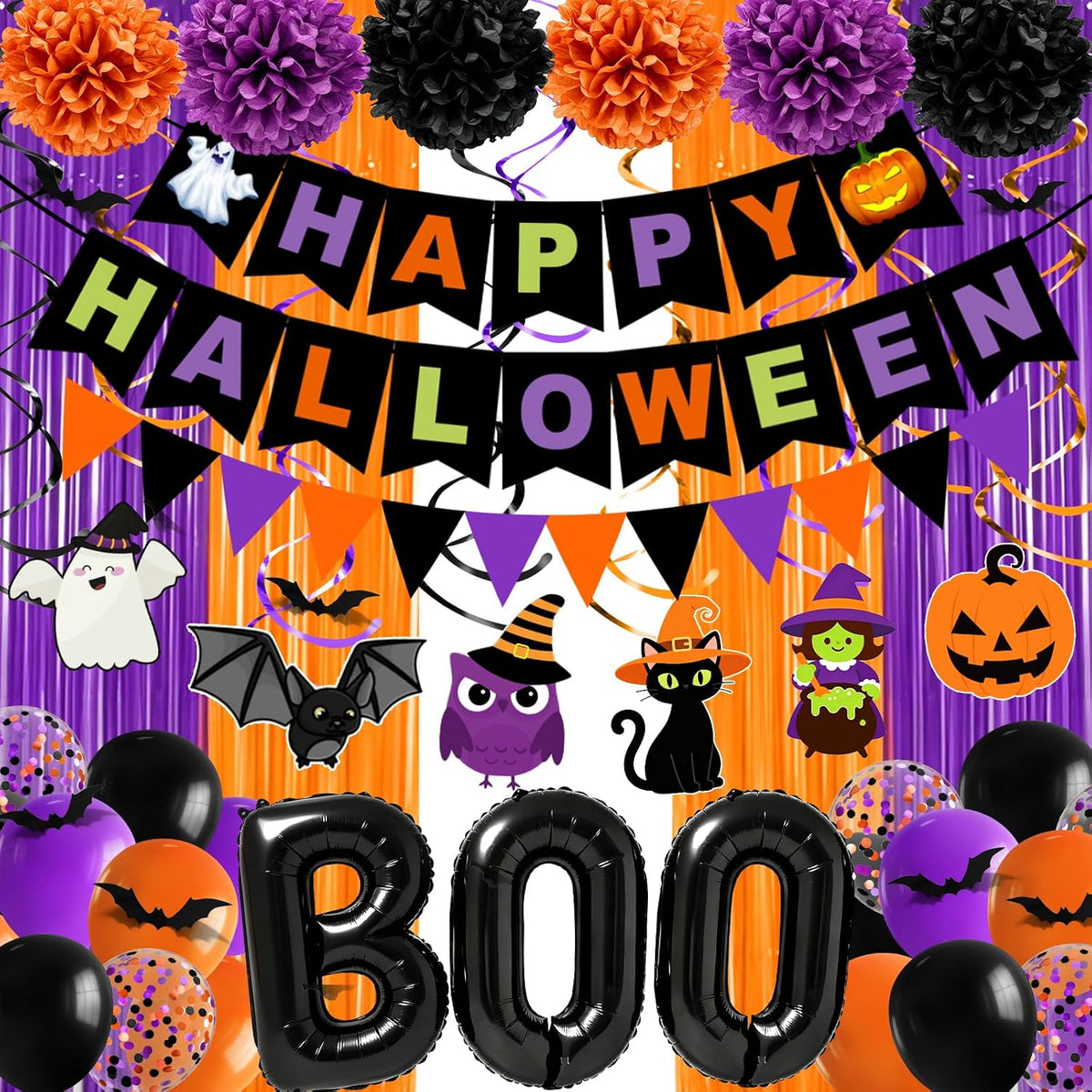 Halloween Party Decorations, 73PCs Halloween Decorations Indoor Set Including HAPPY HALLOWEEN Banner Bat Stickers Hanging Garland Swirl Streamers Fringe Curtains BOO Balloons for Classroom Home Decor