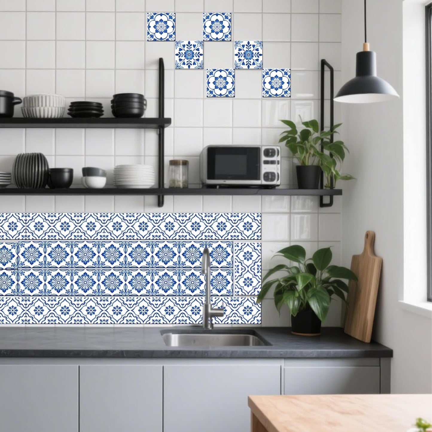 9 Style Textured Flowers Tile Stickers Relief Floral Peel and Stick / Blue and White / Set of 36