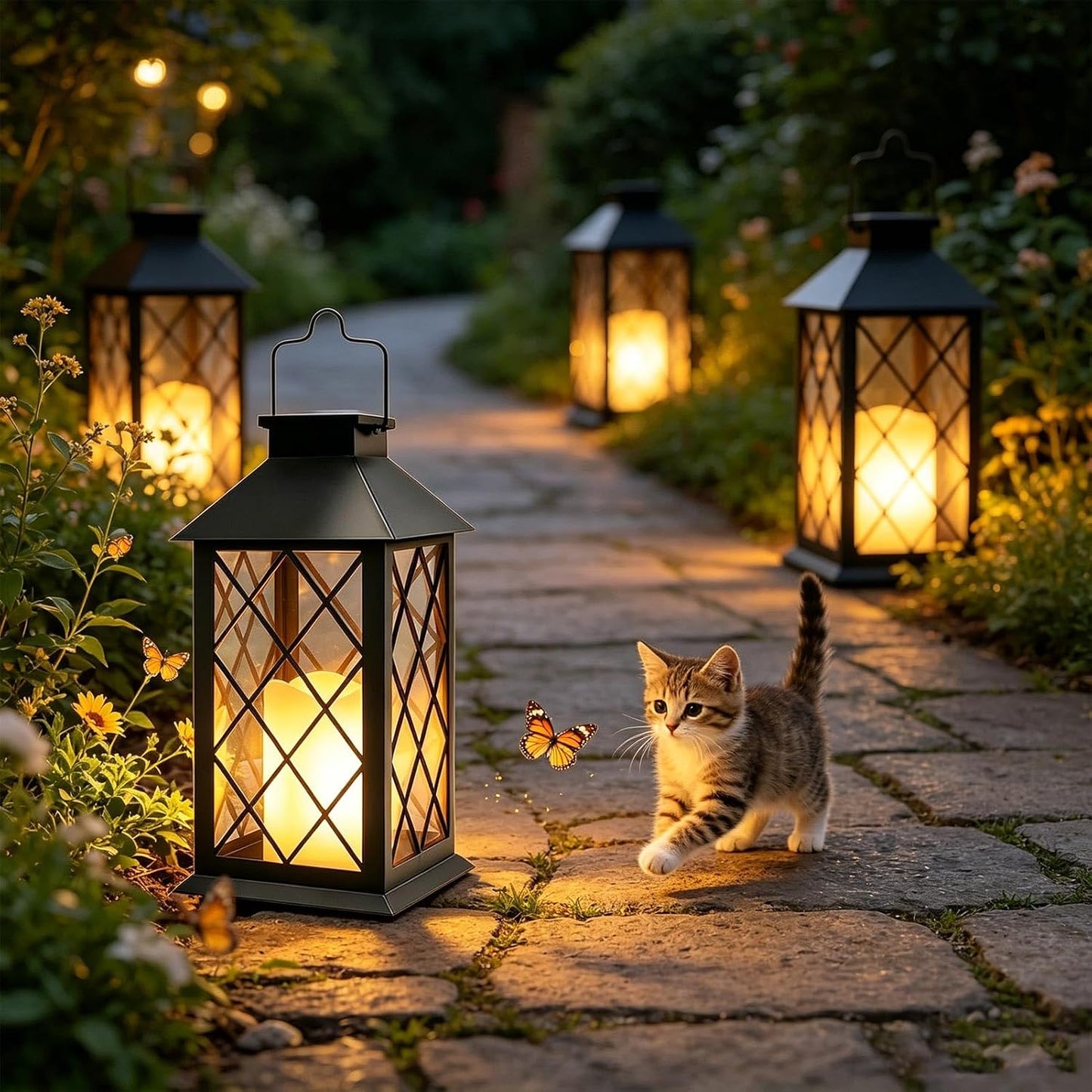 2 Pack 9" Medium Tempered Glass Solar Lanterns Outdoor Waterproof | Hanging Solar Lights with Flickering Flameless