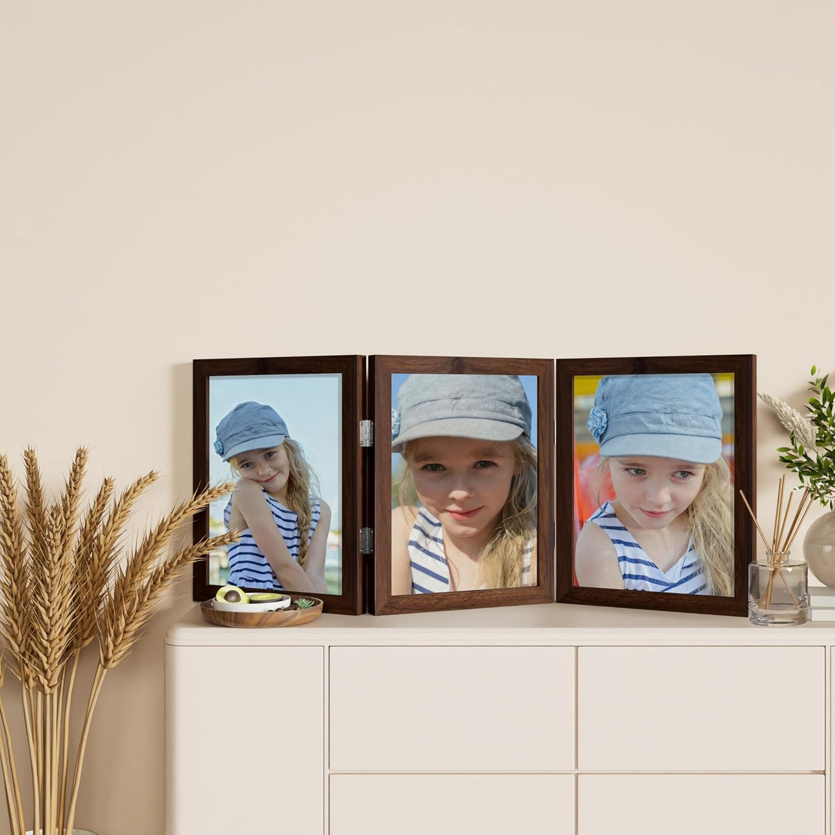 decorUhome Brown Triple 8x10 Picture Frame Vertical, MDBN08 | "Z" Shape Folding Design Engineered Wood Trifold Photo