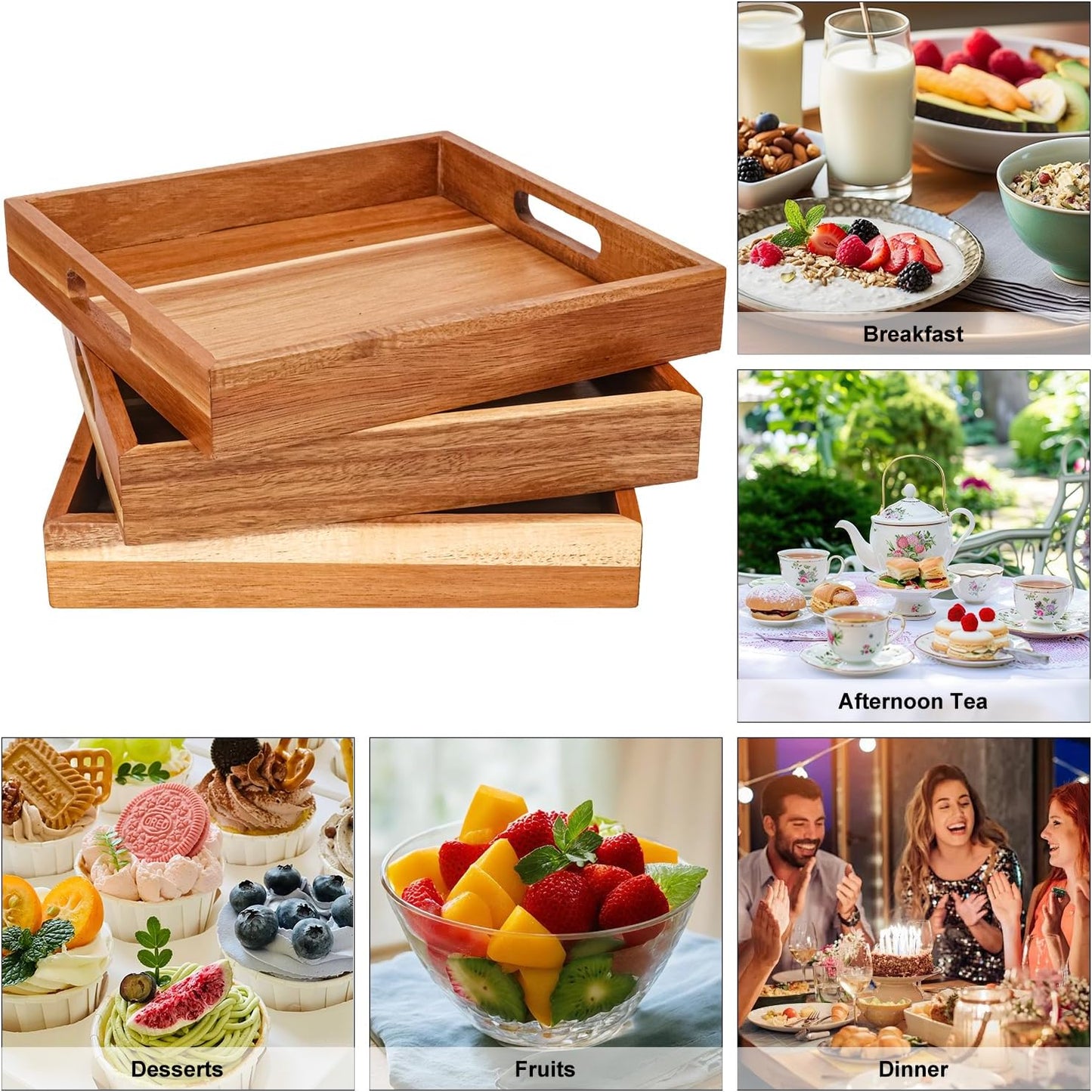 Wooden Tray / Acacia Wood Serving Tray / 10 Inch Square / 10 Inch / Set of 4