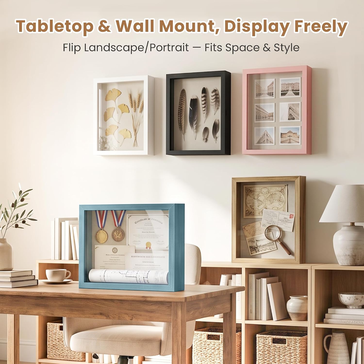 Love-KANKEI Deep Large Shadow Box 11x14,Wood Frame,Memory Box,Rustic Blue | Front-Opening Glass Magnetic Door,Linen