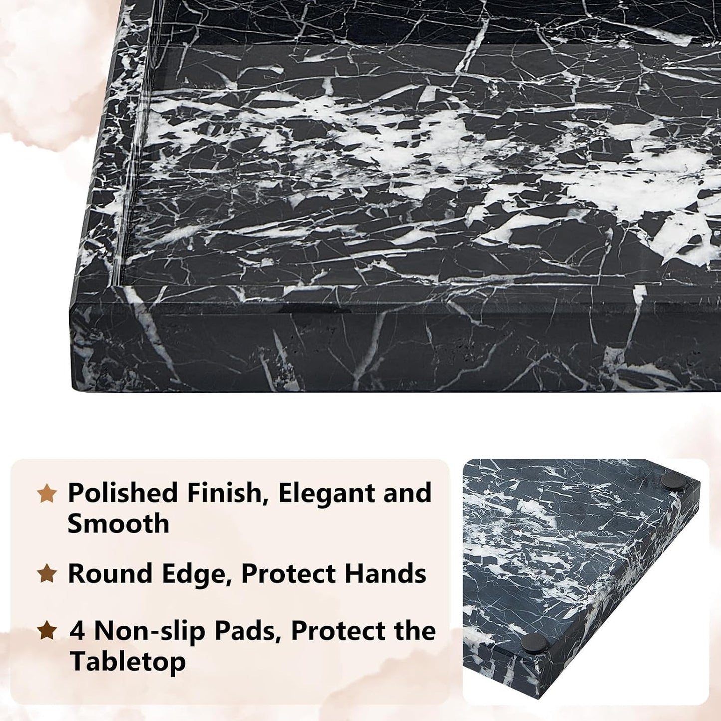 Real Natural Marble Tray / Black / 12 x 8 x 1.2