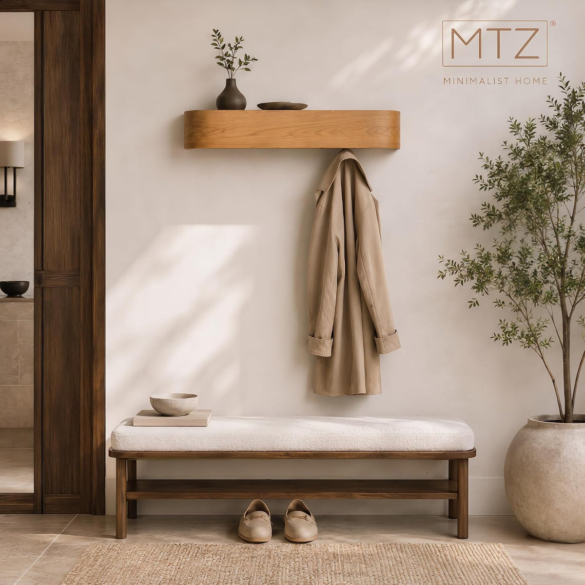 MTZ Solid Wood Wall Mounted Coat Rack with Shelf & 5 Hidden Hooks (Oak) | Minimalist entryway wall hook rack for