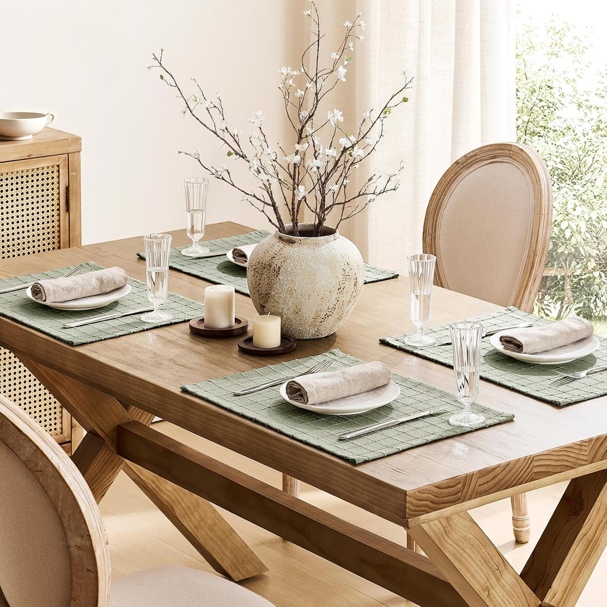 Artisanal Grid Decorative Linen Placemats Set of 6, Seeding Green | Thick Heavy Textured Washed Linen Place Mats
