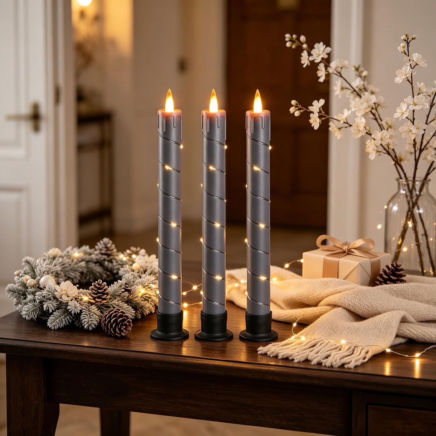 3 Pack Gray Dripping Wax Flameless Candles, Realistic Dynamic Flame LED Taper Candles with Surrounding Fairy String