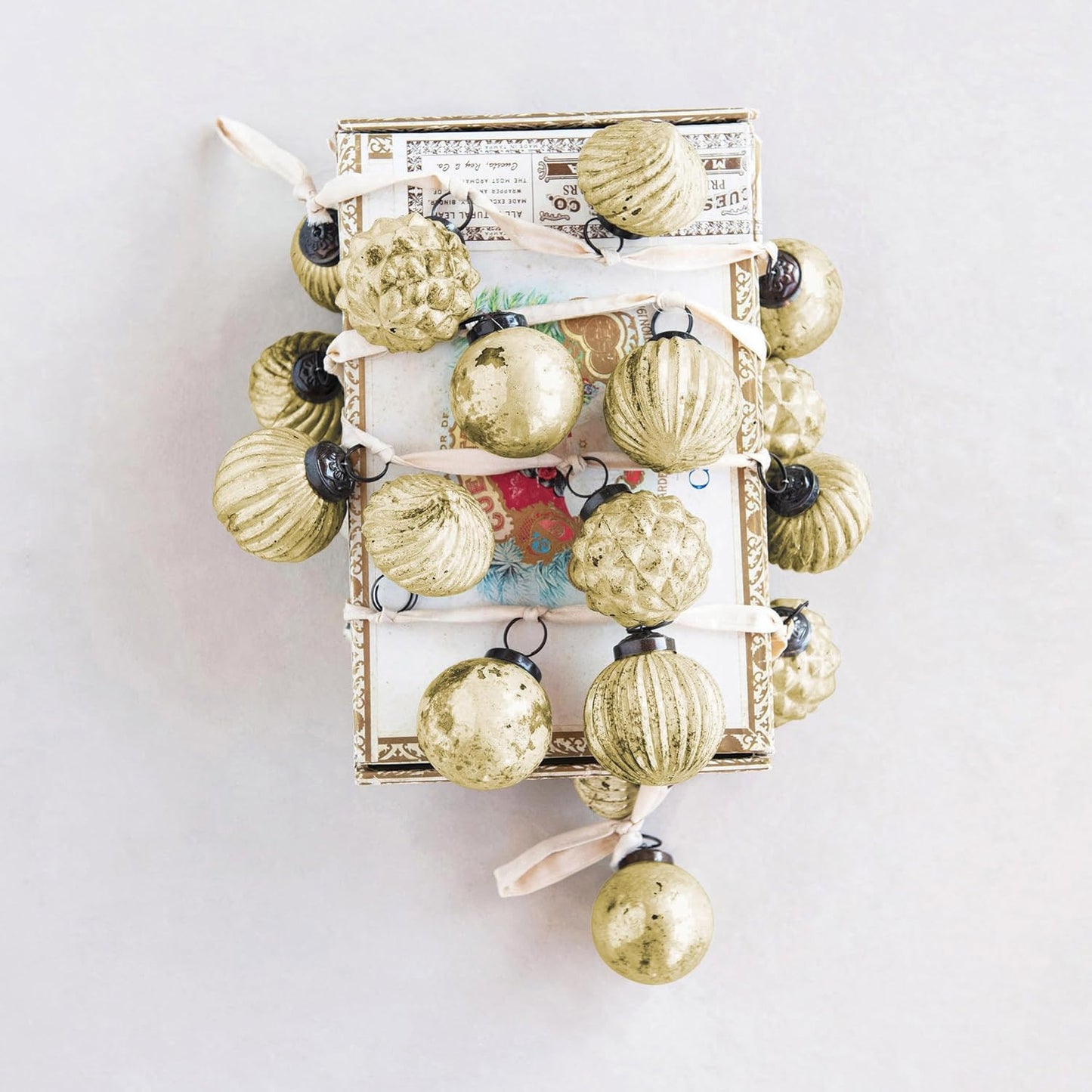 Creative Co-Op Embossed Mercury Glass Ball Ornament Garland, Distressed Matte Cream
