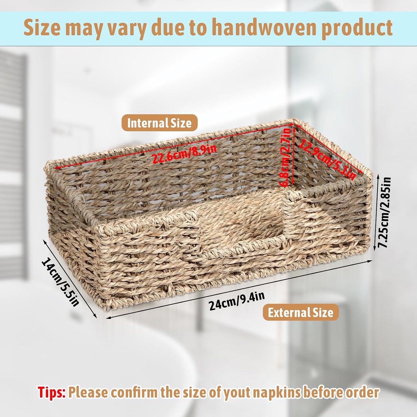 Napkin Holder Disposable Guest Towel Tray Long Seagrass Woven Rattan Wicker Holder Square Napkin