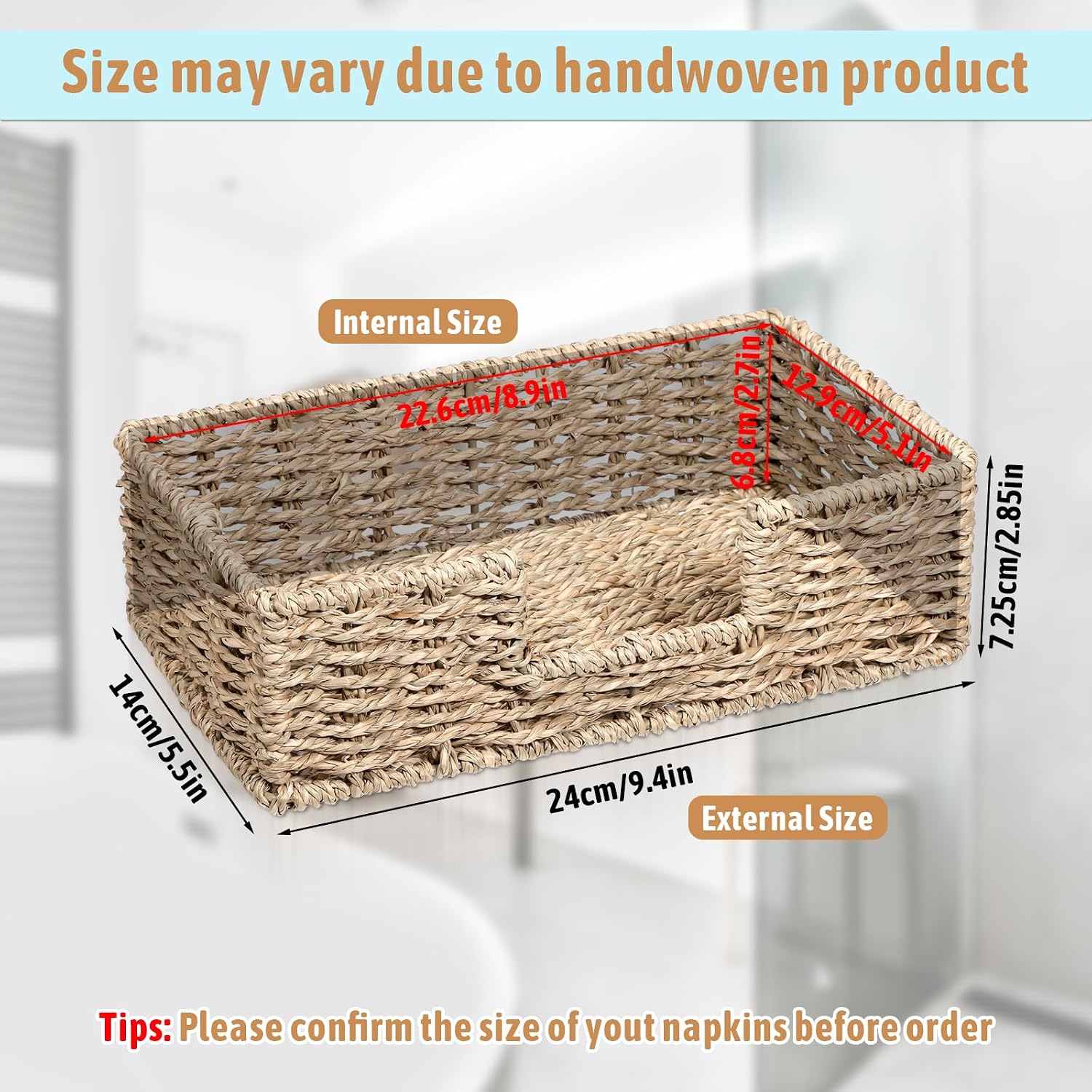 Napkin Holder Disposable Guest Towel Tray Long Seagrass Woven Rattan Wicker Holder Square Napkin