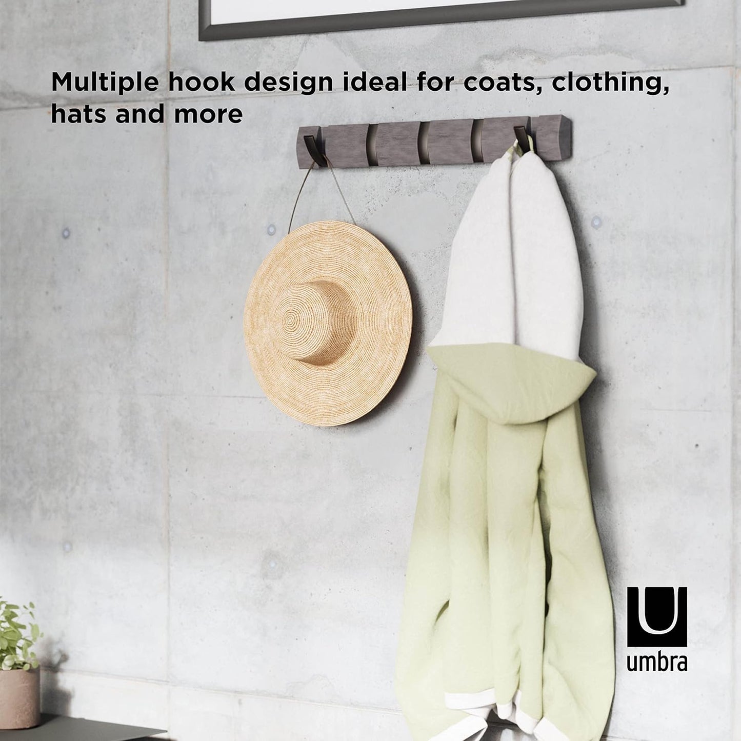 Umbra Flip Coat Rack, Wall Mounted 5-Hook Space Saving, Driftwood/Nickel | Real wood and steel build, retractable hooks