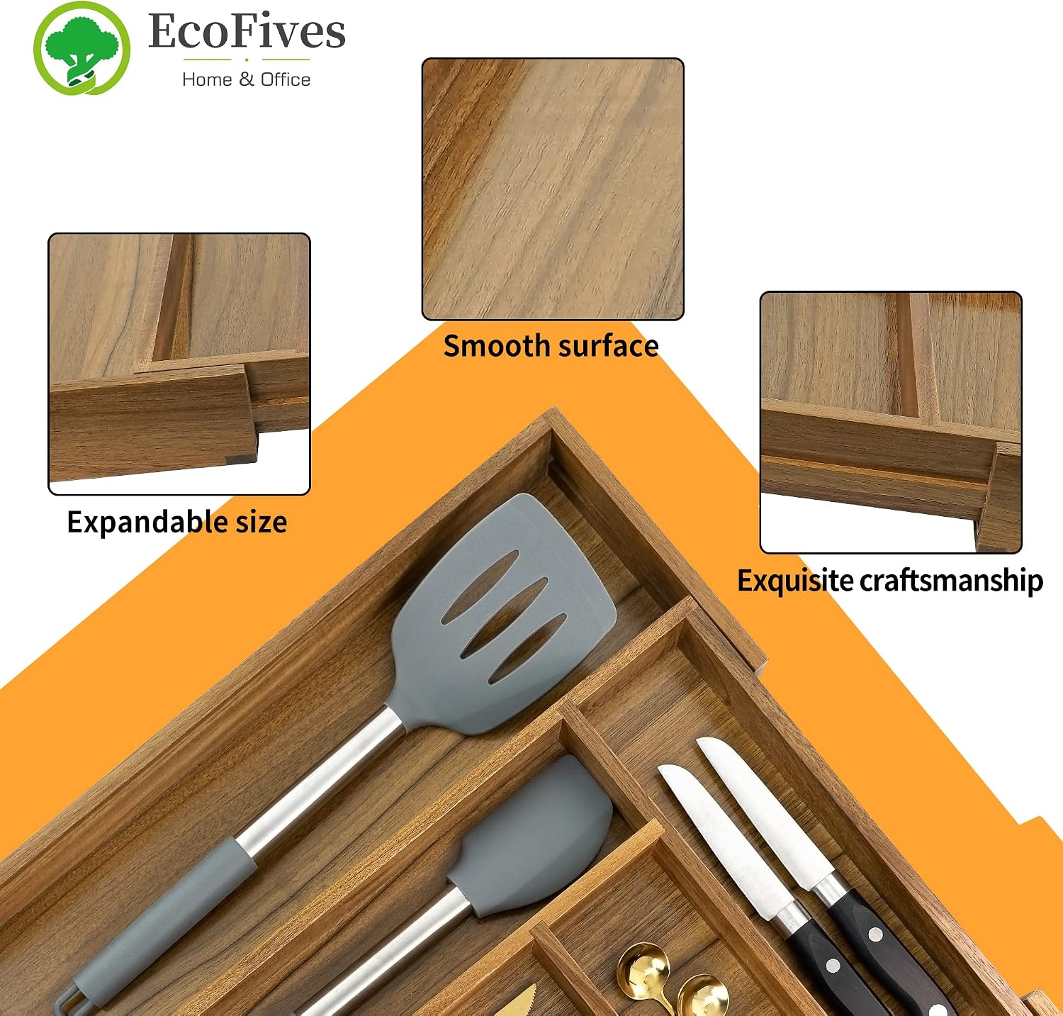 Luxury Acacia Kitchen Drawer Organizer - Silverware Organizer - Utensil Holder and Cutlery Tray with Grooved Drawer