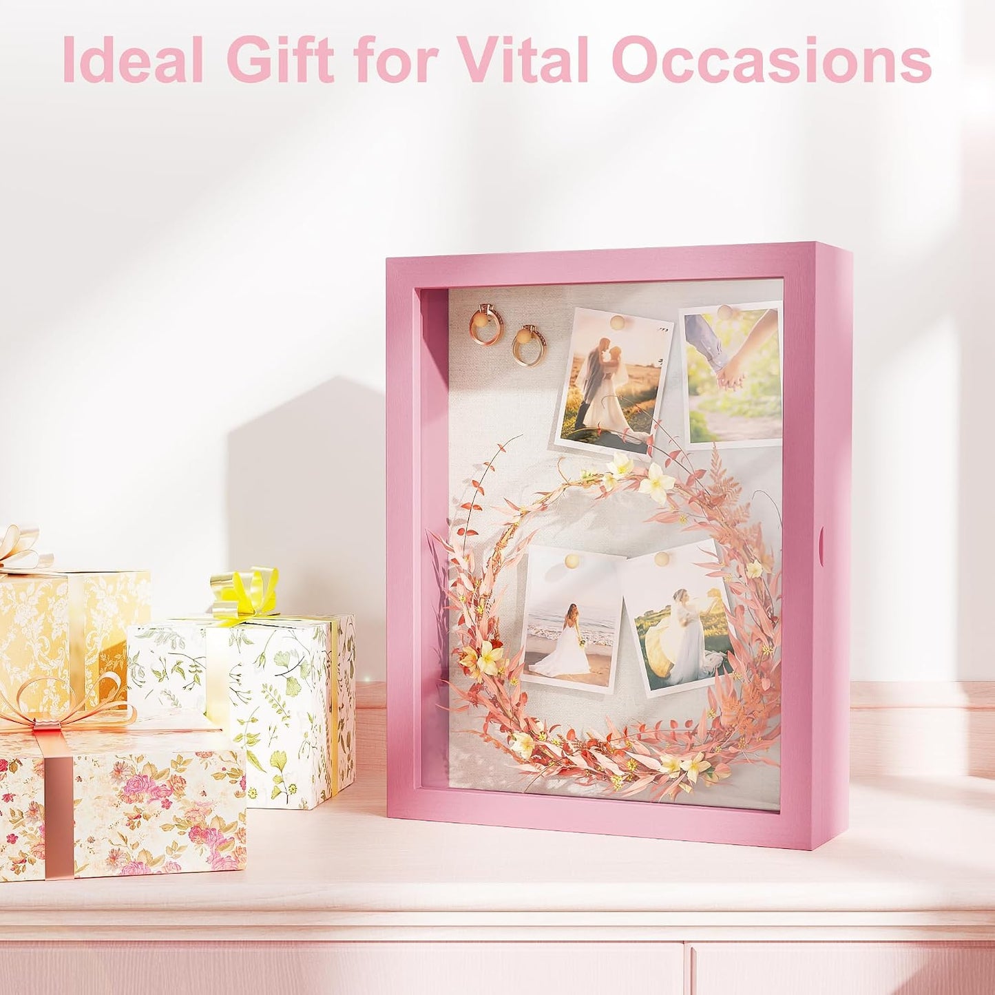 Love-KANKEI Deep Large Shadow Box 11x14,Solid Wood Frame,Memory Box,Pink | Front-Opening Glass Magnetic Door,Linen