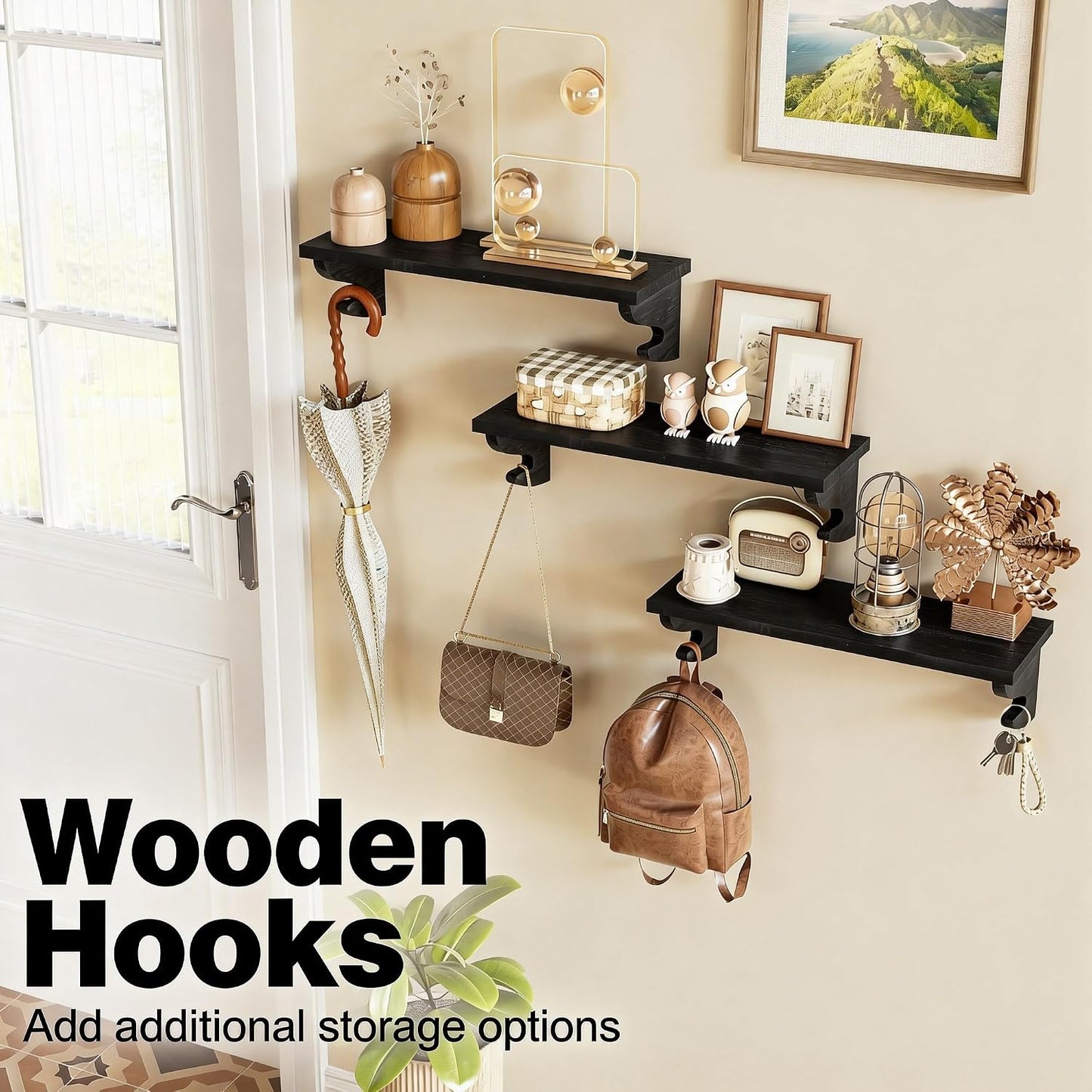 Floating Shelves / Solid Wood Shelves Wall Mount / Black / 17 Inch / Set of 3