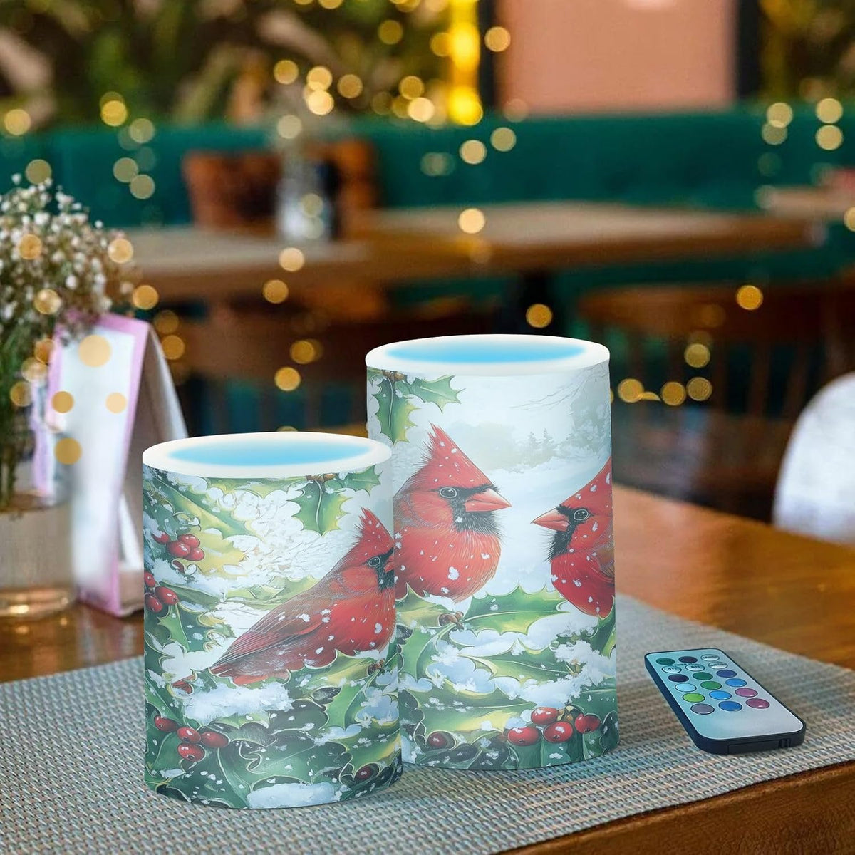 Flickering Flameless Candles, Red Cardinals Holly Christmas LED Candles with Remote Timer, Set of 2 Battery Operated