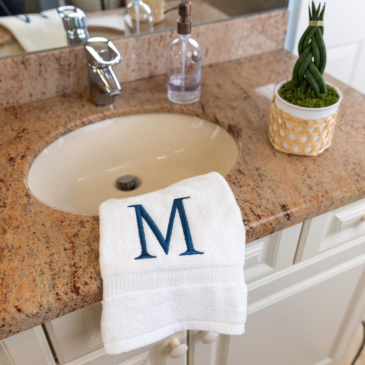 White with Navy Monogrammed Hand Towels for Bathroom - Set of 2 Letter M | Luxury Hotel Quality Initial Towels For