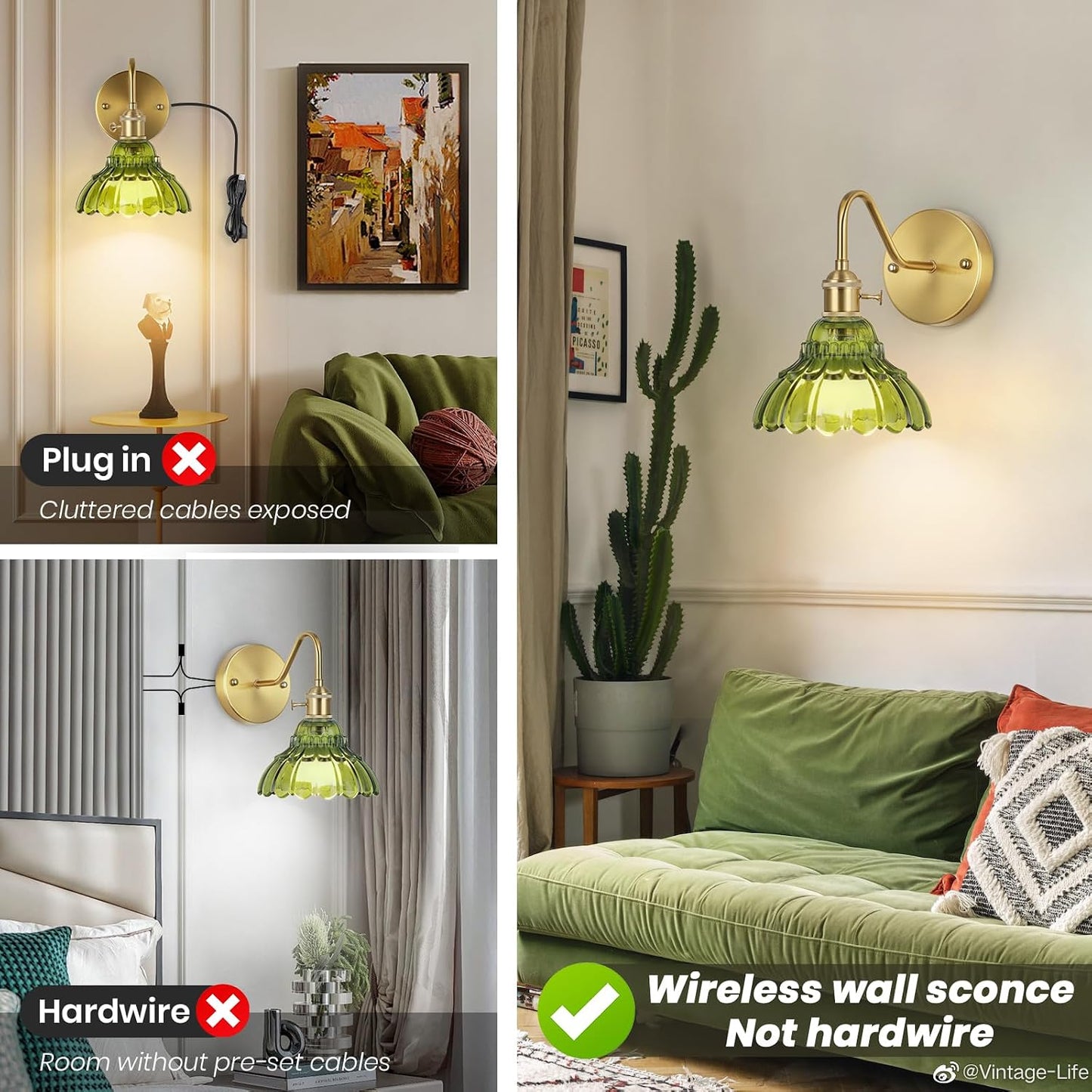 Vintage Battery Operated Wall Sconces Set Of Two, Indoor not Hardwired Brass Green Glass Lampshade